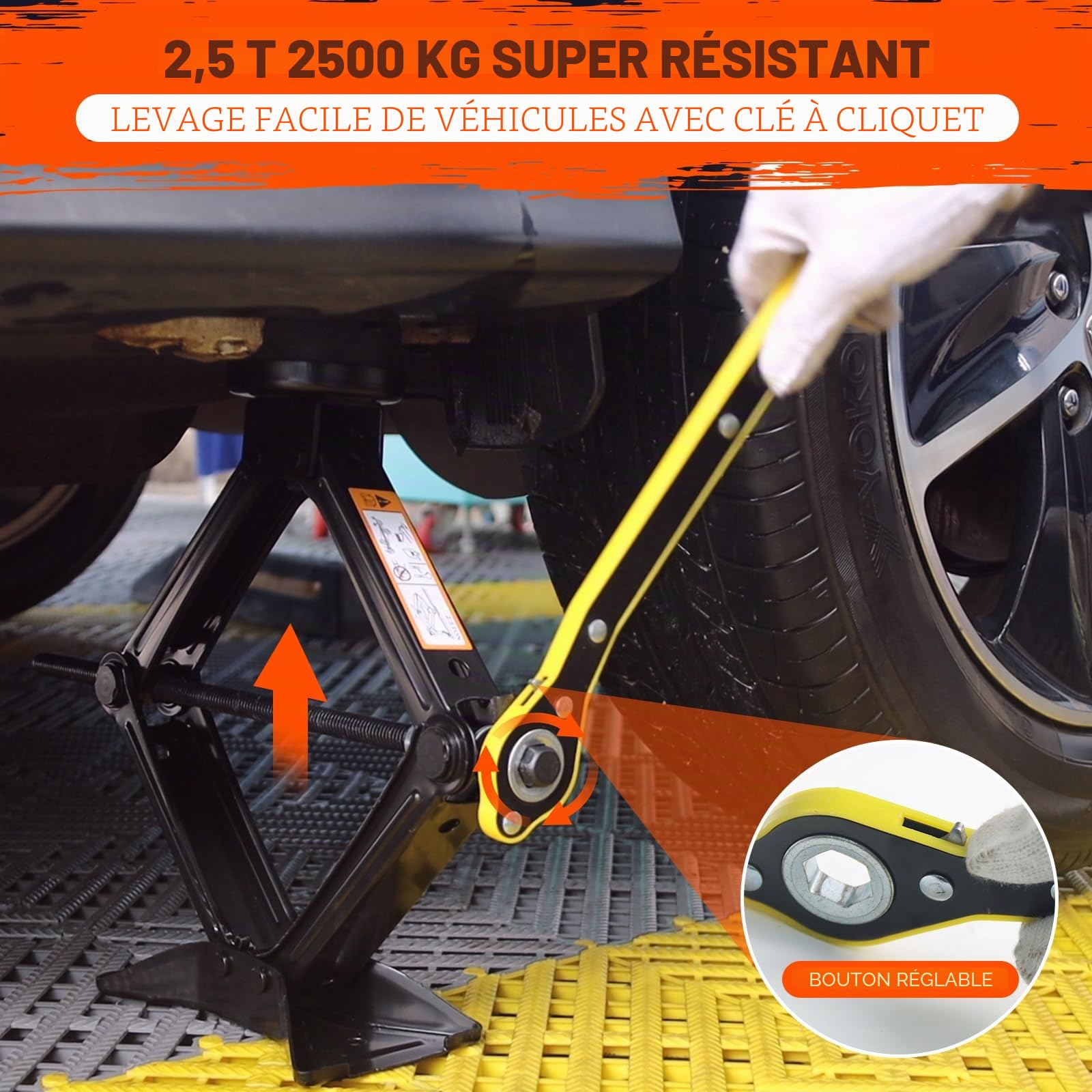 IMAYCC Cric Voiture 2.5T/2500kg, Universel Crique Voiture avec Tampon Caoutchouc, Portable Cric De Levage avec Clé pour Écrous De Roue, Kit d'urgence Automobile.