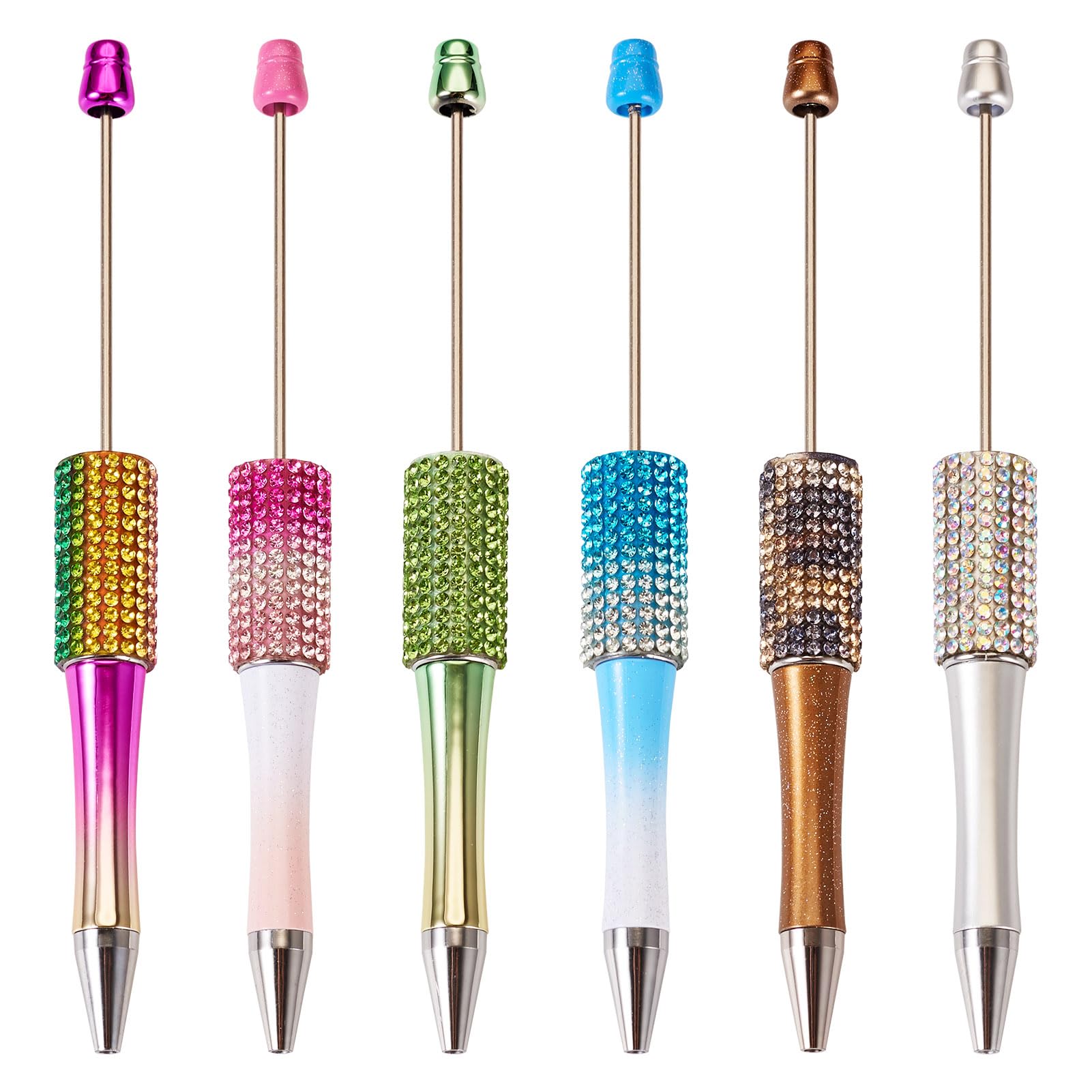 Cheriswelry 6Pcs Two Tone Color Beaded Plastic Ball-Point Pen Rhinestones Beadable Pen for DIY Personalized Pen with Jewelry Bead