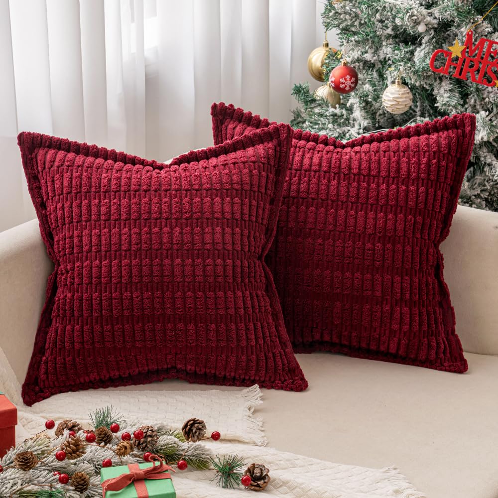 MIULEE Burgundy Corduroy Decorative Throw Pillow Covers Pack of 2 Soft Striped Pillows Pillowcases with Broad Edge Modern Christmas Boho Home Decor for Couch Sofa Bed 18x18 Inch