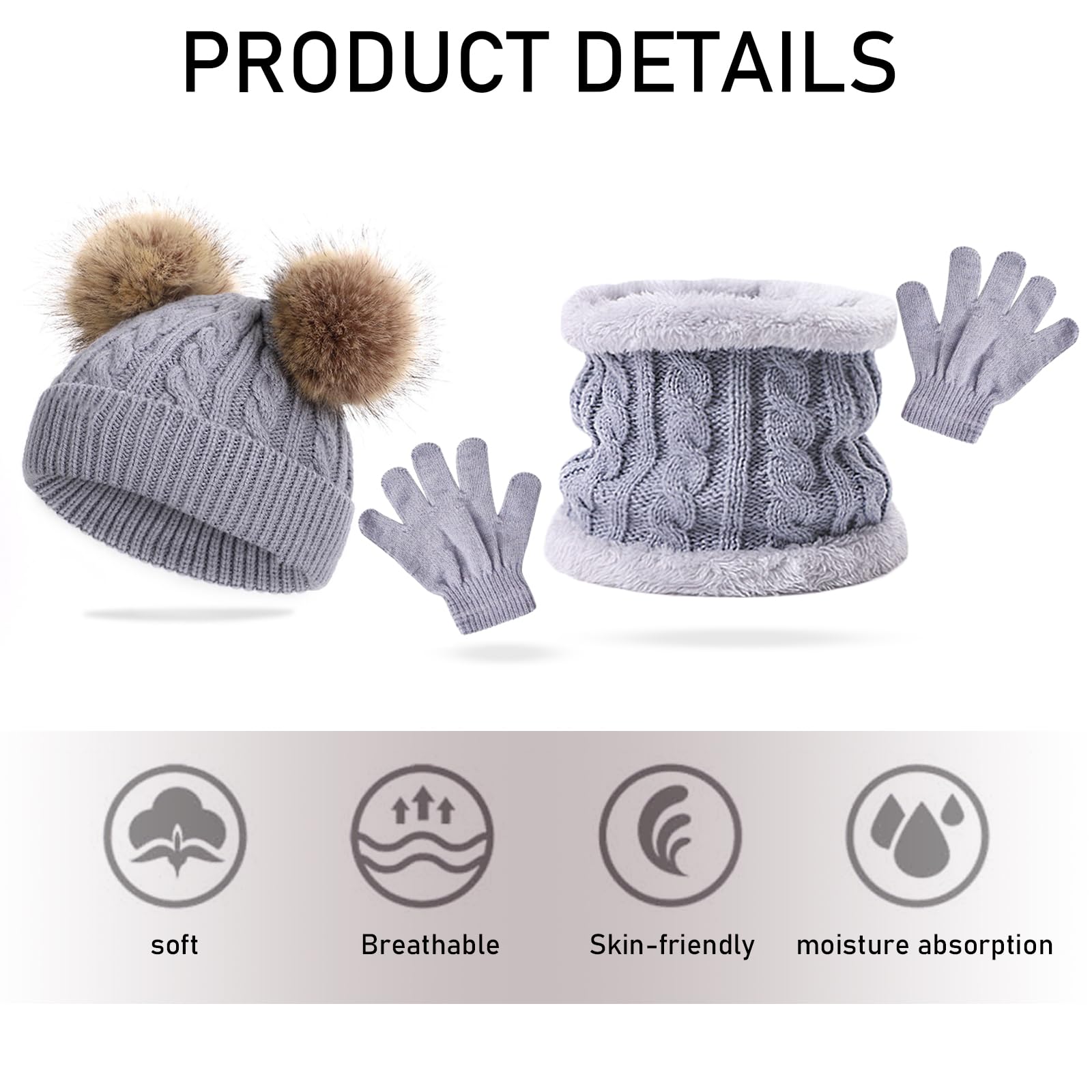 JSTHHTT 3 in 1 Conjunto de Gorro Bufanda y Guantes Niños, Térmico Pompón Beanie Gorro, Sombrero de Punto Invierno Cálido con Pompon, para Niños Niñas 2-4 Años