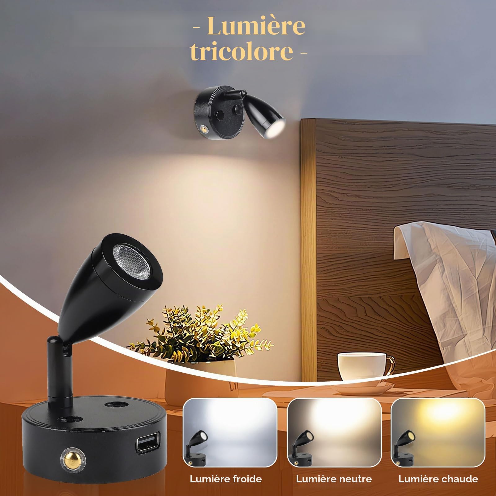 CPROSP Lot de 2 Lampe 12v led Camping Car à intensité variable avec USB 3-6000 K, spot LED 3W 12 V Lampe de lecture pour Intérieur Lumière LED Interrupteur réglable, 180 lm, 59 x 97 mm, noir