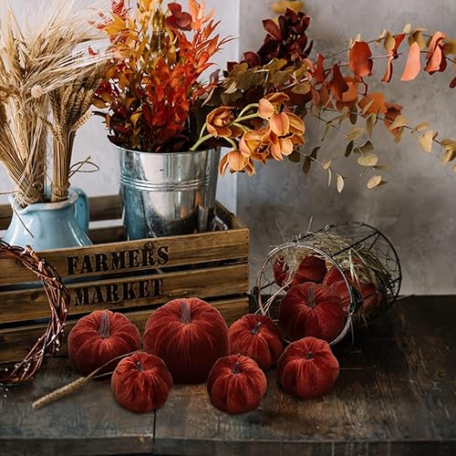 Miniatura 5 de Woration 8 calabazas artificiales de Halloween, decoración de terciopelo de tela falsa, calabaza, varios tamaños, marrón, cosecha de otoño,
