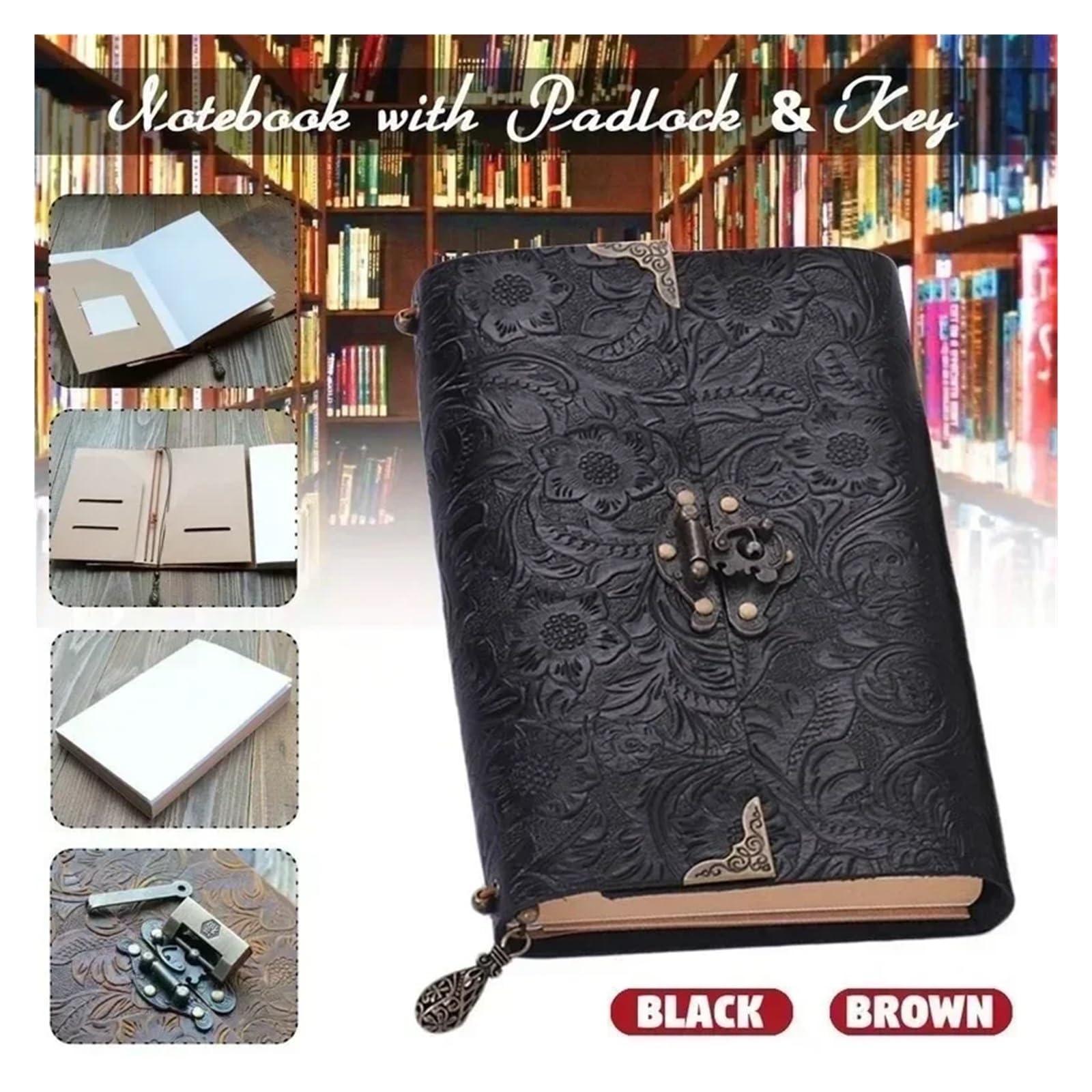 Tagebuch Mit Schloss Geprägtes Muster, weiches Leder-Reisenotizbuch mit Schloss und Schlüssel, Tagebuch, Notizblock, Papier for geschäftliches Skizzieren, Schreibutensilien(Black)