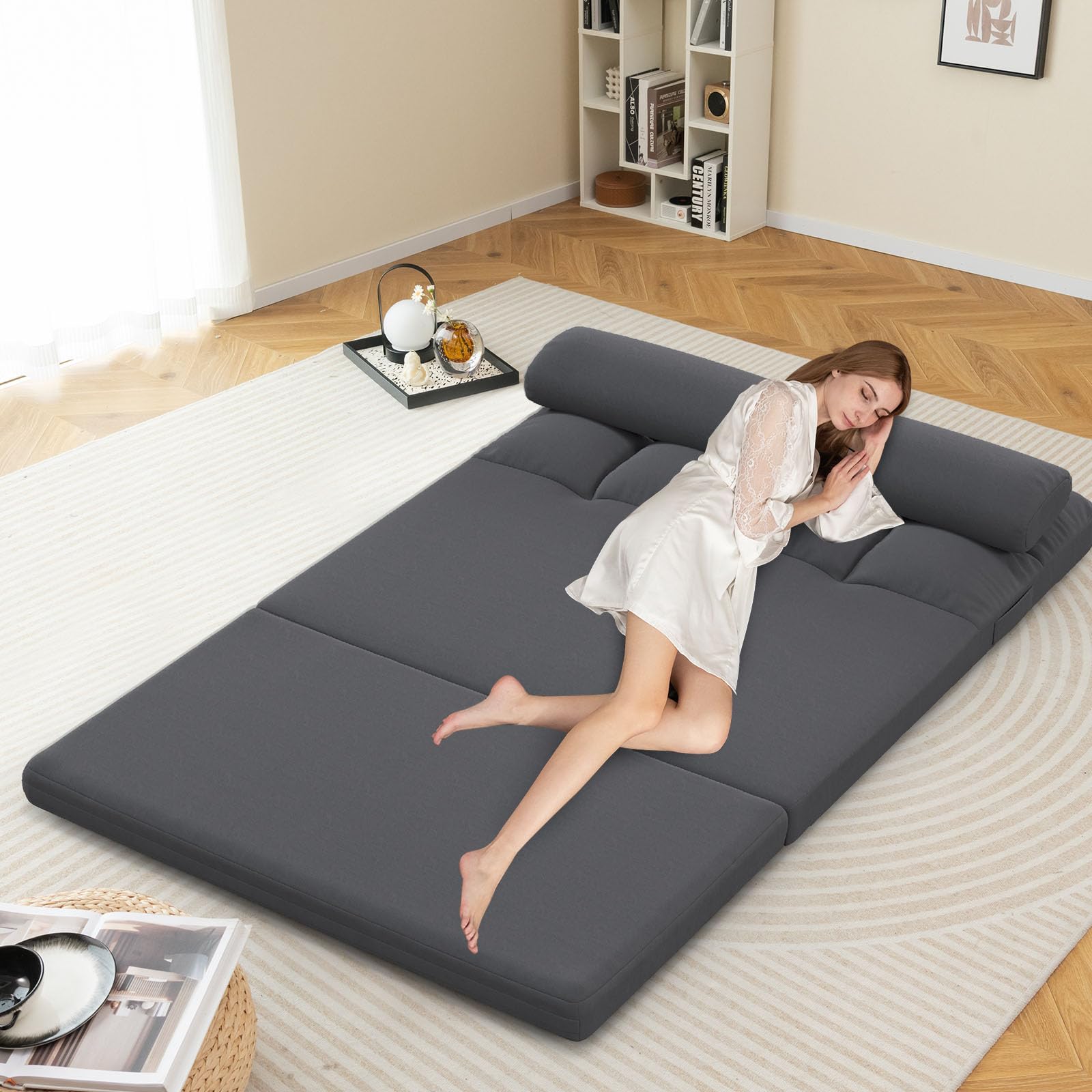 COSTWAY Klappbares Bodensofa, 3 in 1 Schlafsofa mit Schlaffunktion und Verstellbarer Rückenlehne, Sofabett mit 2 Kissen, Klappsofa für Wohnzimmer und Schlafzimmer (Dunkelgrau)