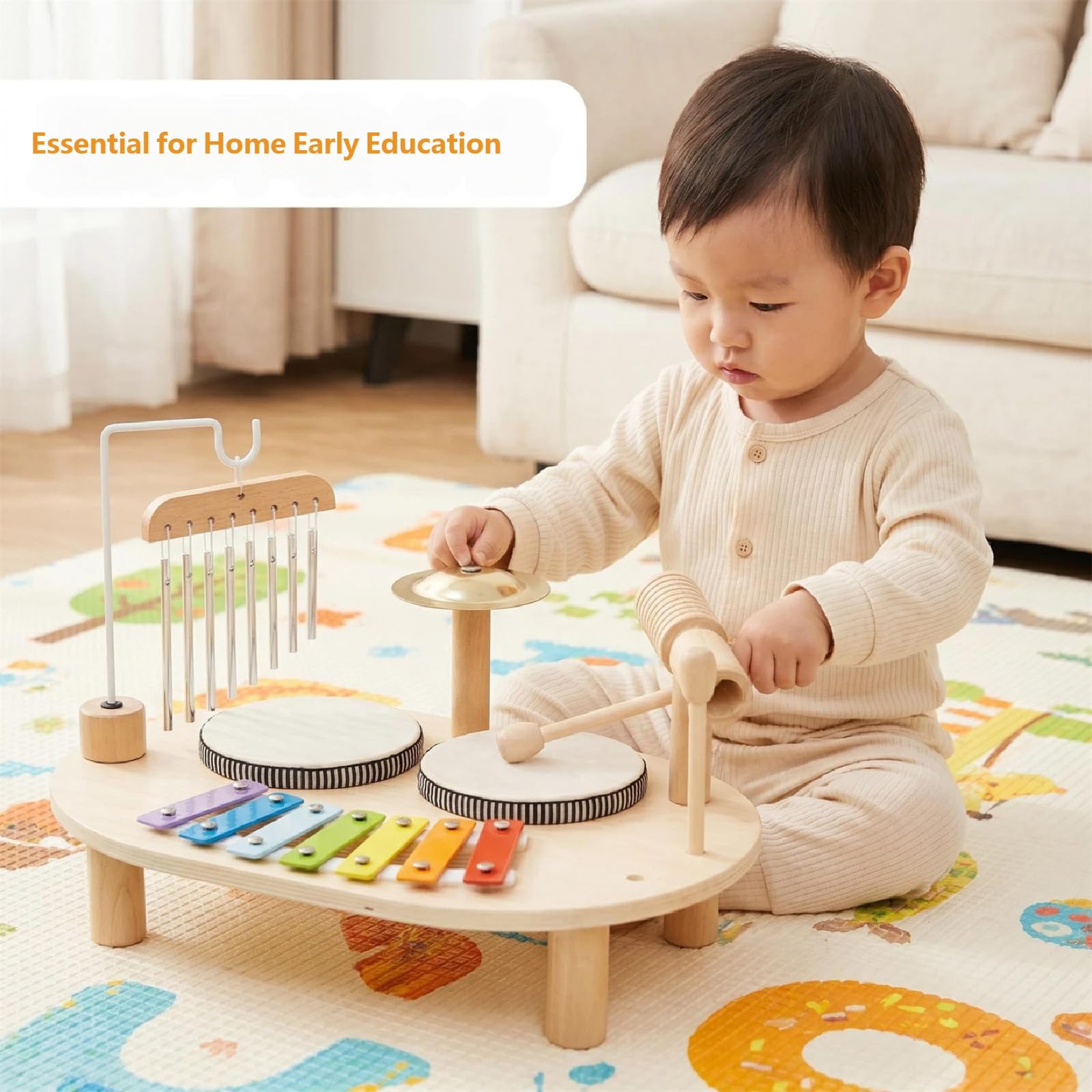 Musik Spieltisch mit Trommel und Xylophon, Percussion Set aus Holz für Familienrhythmus und Vorschulaktivitäten 3 Jahren für den täglichen Gebrauch zu Hause