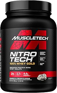 MuscleTech NitroTech 100% Whey Gold Protein Powder, Build Muscle Mass, Whey Isolate Protein Powder & Peptides, Protein Shake For Men & Women, 5.5g BCAA, 20 Servings, 908g, Cookies & Cream