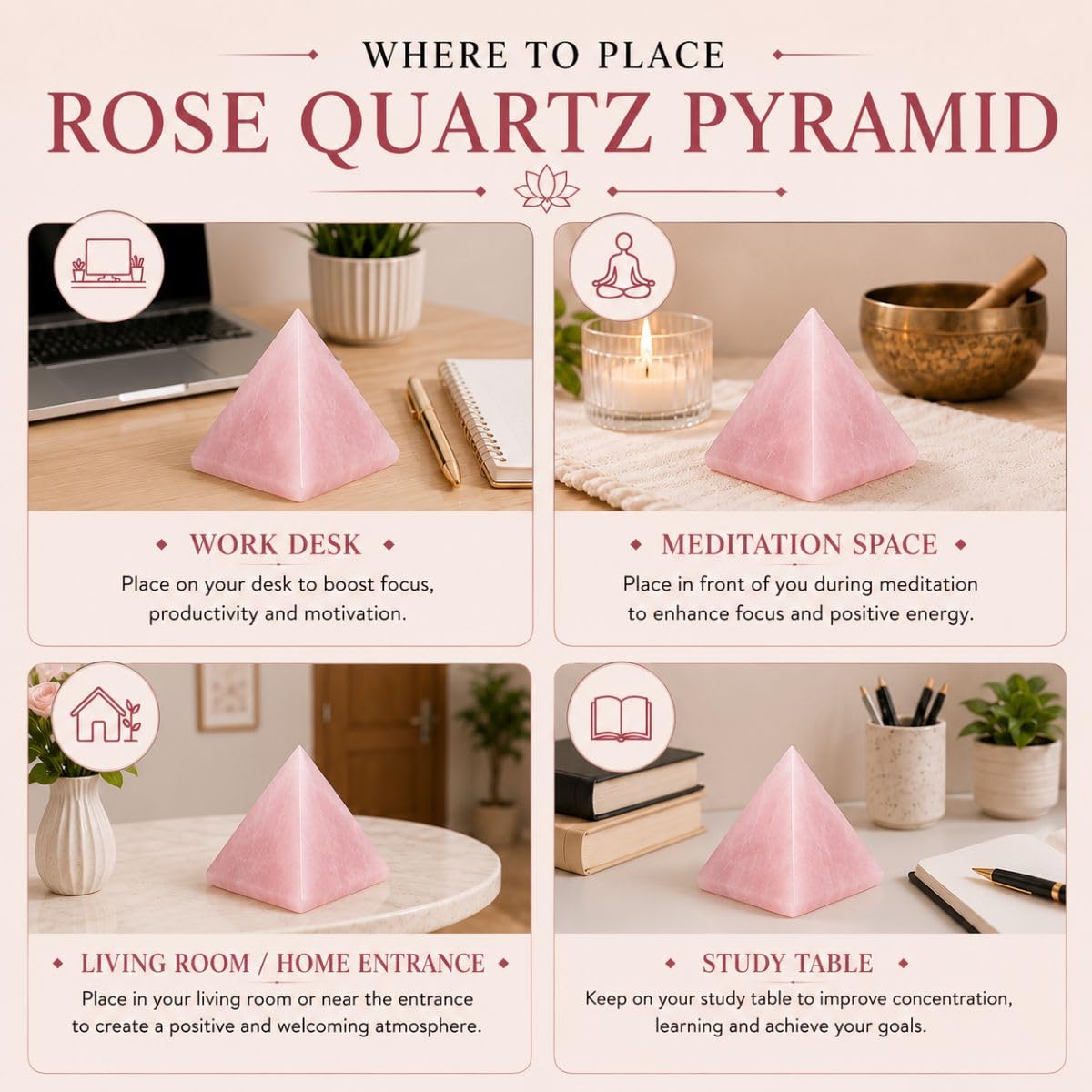 Rose Quartz Crystal Pyramid for Meditation, Reiki & Feng Shui (50-100 Gm) | Vastu Decorative Showpieces for Spiritual Decor & Housewarming Gift | Healing Crystal Stone for Love & Emotional Healing 4