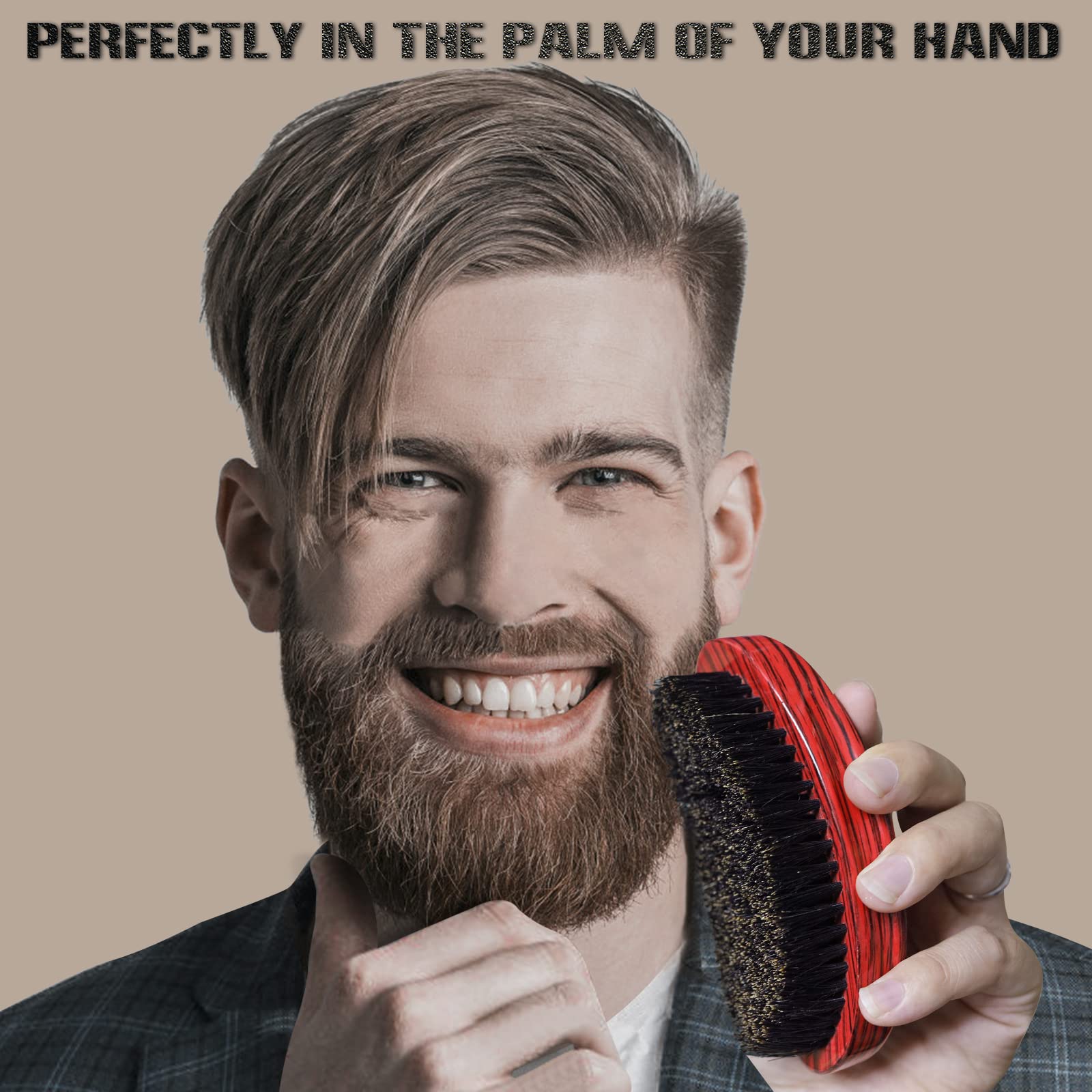 Spazzola ondulata per capelli da uomo a 360 onde con setole in legno di faggio naturale al 100% e setole di cinghiale nero rinforzate, spazzola morbida per capelli da barba perfetta per