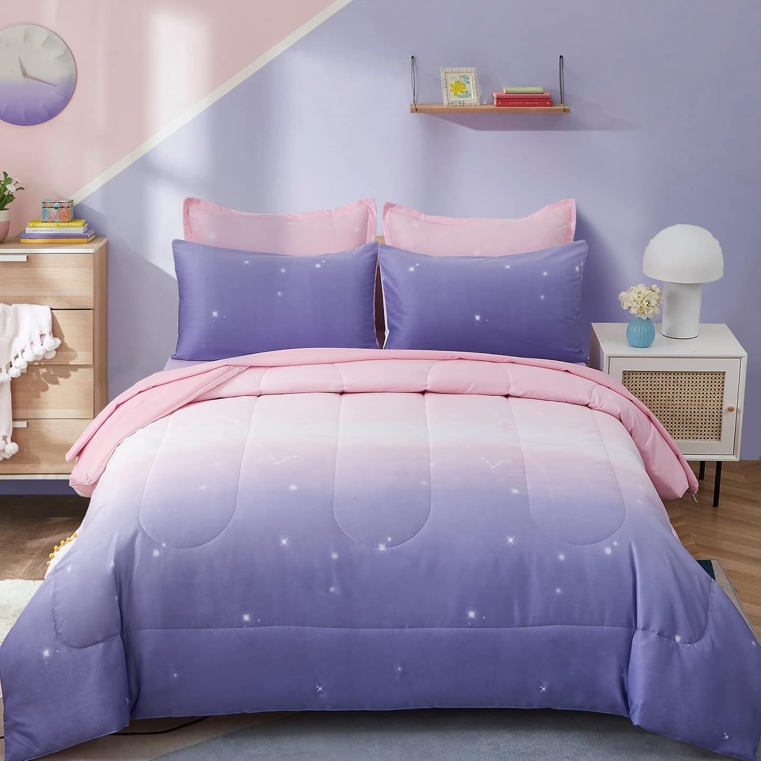 Couette 200x200 Anti-Plis Ensemble Literie Microfibre Étoiles Rose Facile à Laver