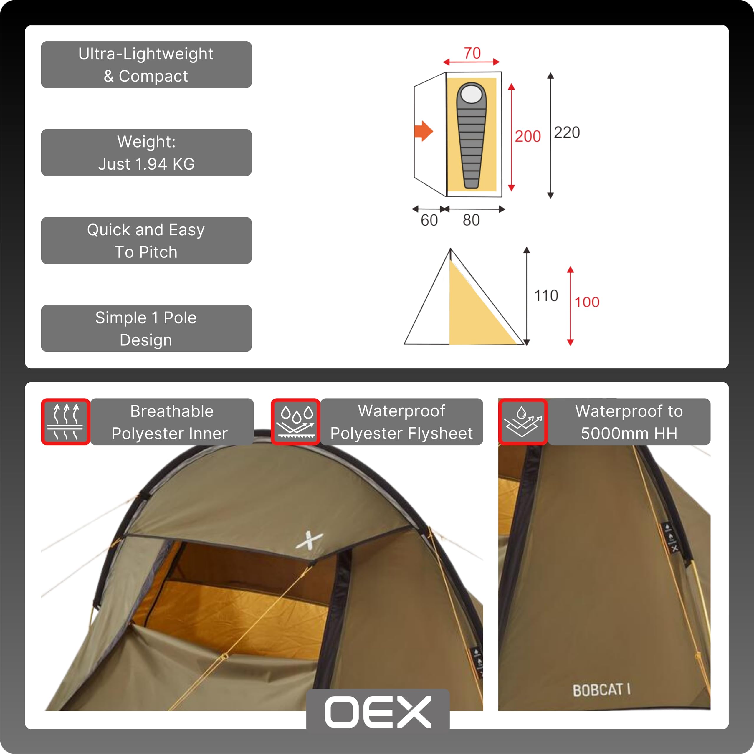 OEX Bobcat 1 Person Tent, 1 Man Tent, Ultra-Lightweight and Compact Camping Tent, Ideal for Hikers and Backpackers, Camping Equipment Sports & Outdoors