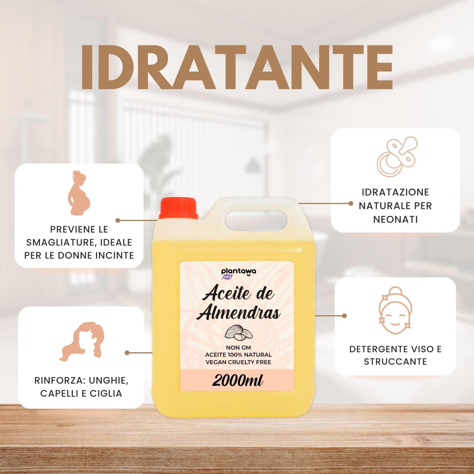PLANTAWA Olio di Mandorle Dolci 2L | Olio di Mandorle per il Corpo 100% Naturale di Origine Vegetale | Olio Multiuso per Massaggi, Materia Prima, Contiene Vitamina E, Bio Olio Smagliature Gravidanza