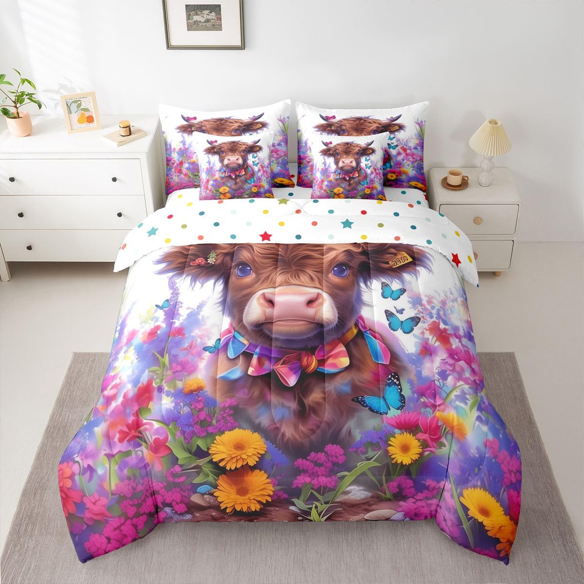 jejeloiu Highland Cow Comforter Set Twin Size 7 Pieces Highland Cattle Bedding Set Kids Purple Bed in a Bag with Comforter, Sheets, Pillowcases, Cushion Covers Quilted Breathable Soft Lightweight