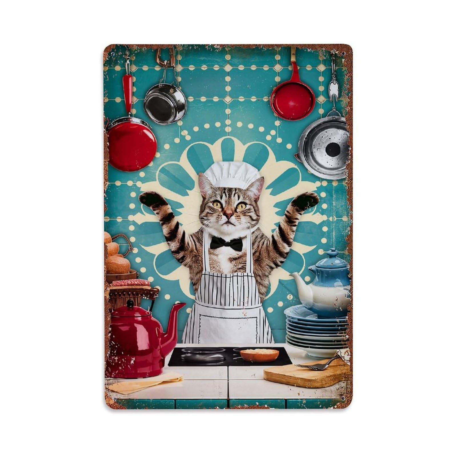 Cat Chef Kitchen Art Print Retro Metal Tin Sign, Vintage Decor Art Poster for Bar, Home, Man Cave, Kitchen, Laundry Room Gift 8x12Inch