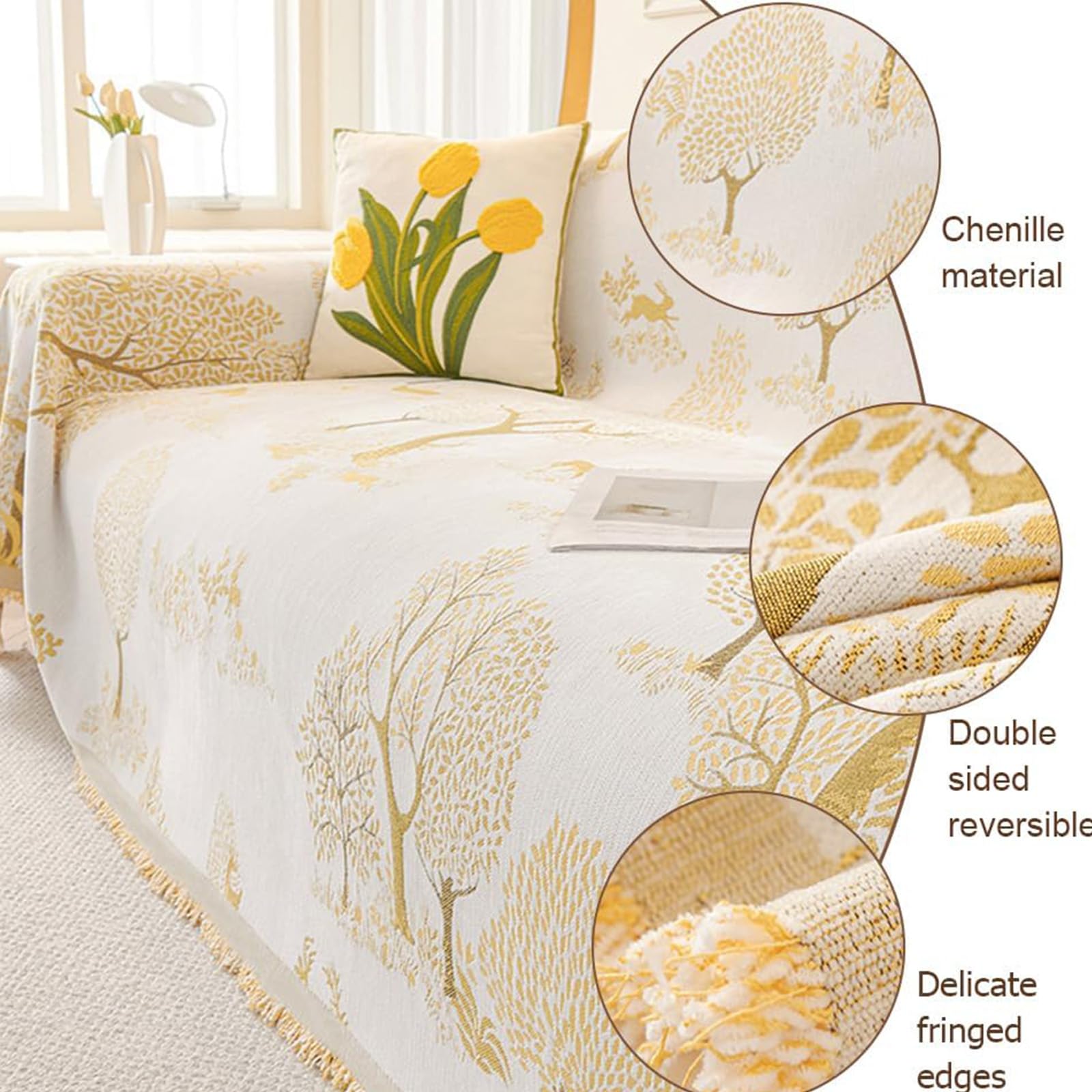 Coperta Copripoltrona in Chenille, Grande Plaid Reversibile con Albero per Divani da 3, 2 e 4 Posti, Copertura Angolare a L Versatile Khaki 180x230cm/70.87x90.55in