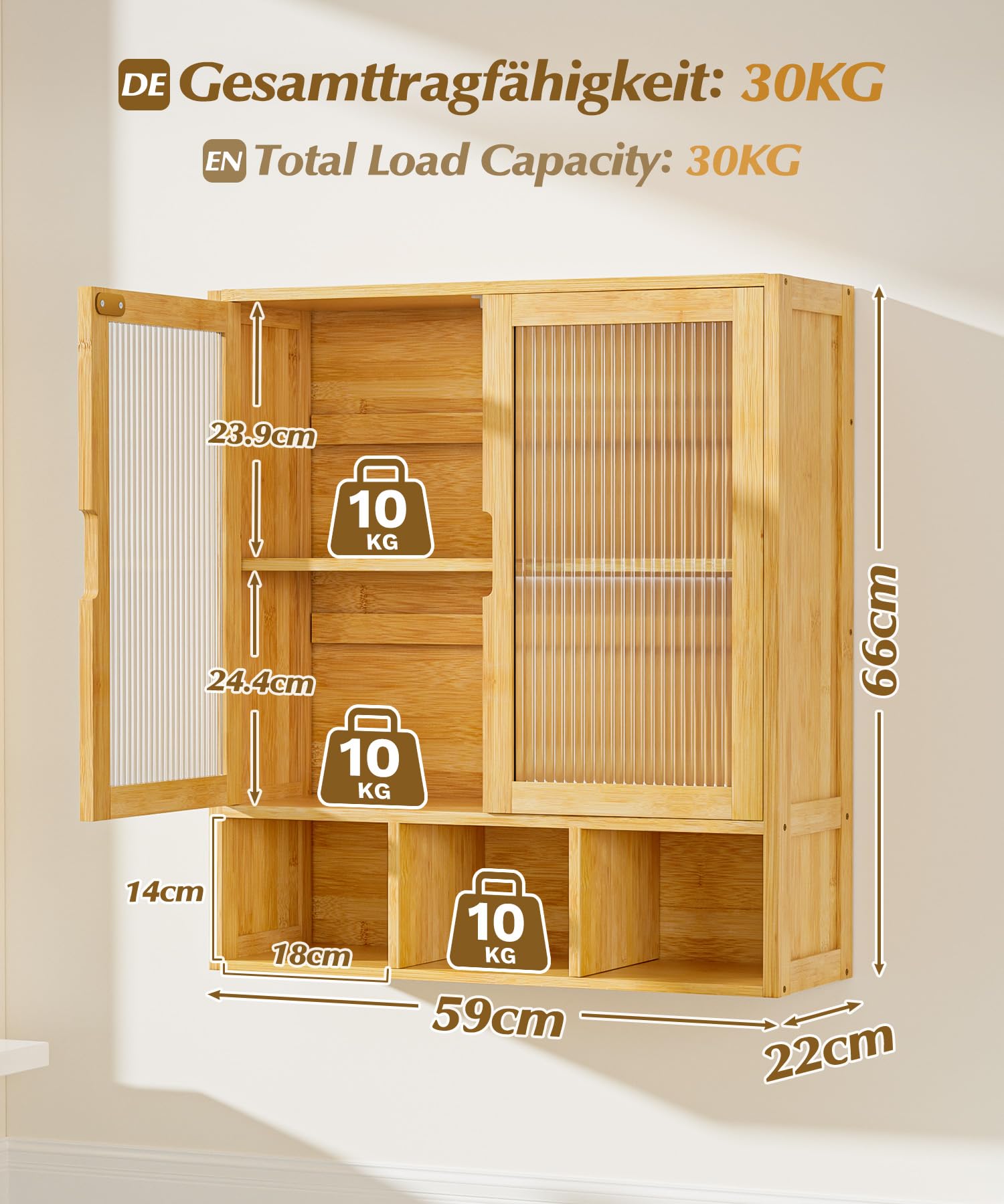 Yorbay Badezimmerschrank Hängend mit 2 Transparente Magnettür und Offenem Fach, Bambus Medizinschrank für Bad, Platzsparendes Wandschrank Küchenschrank, 22 x 59 x 66 cm (Bambusfarbe)