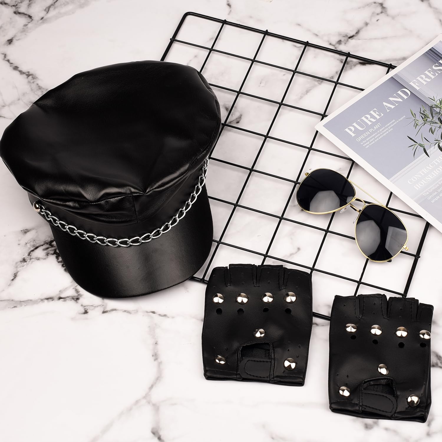 Bohue 3 Pieces Men 80s Biker Costume Accessories Black Biker Cap with Chain Sunglasses Punk Gloves Party Costume Dress-Up Accessories for Adult - Image 4