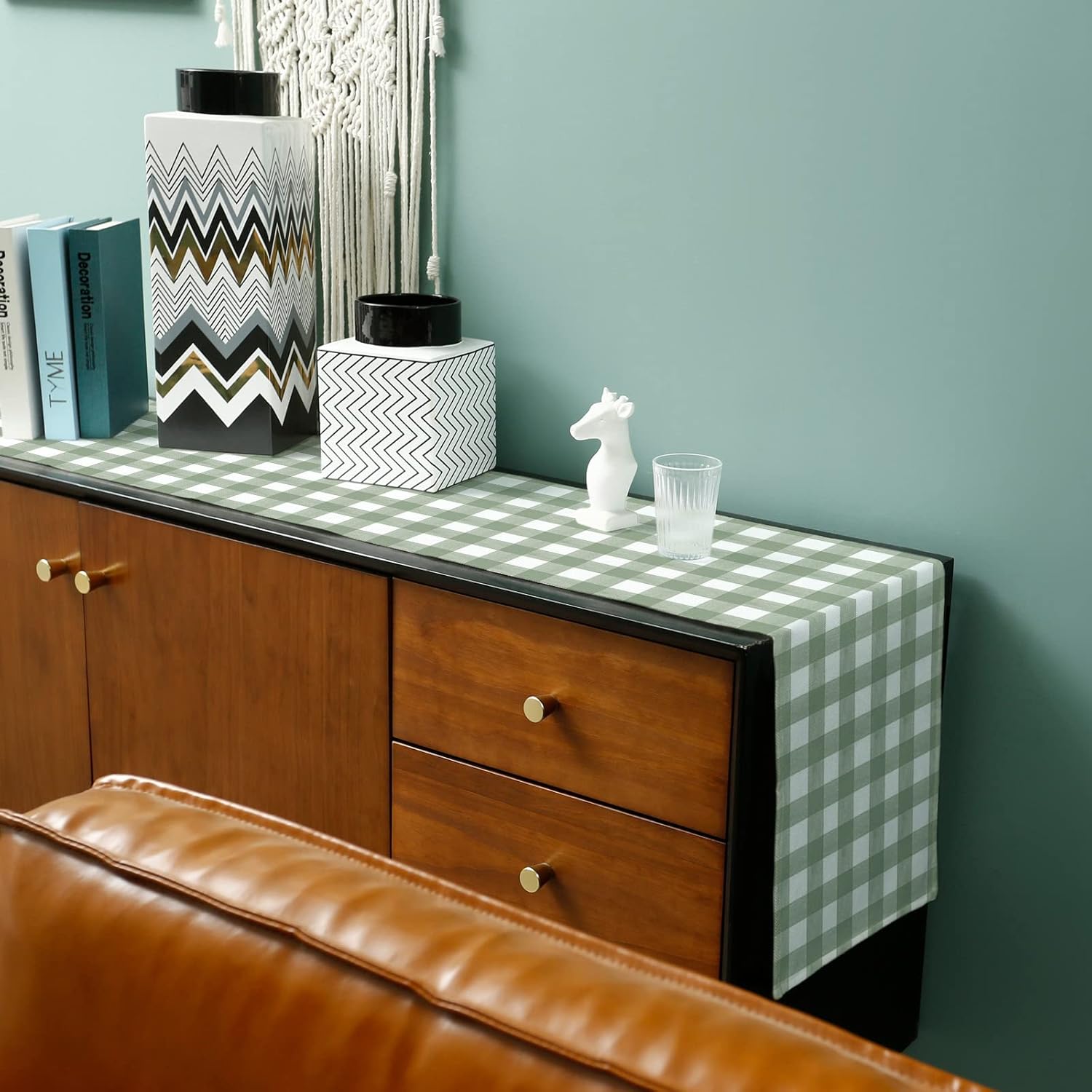 Sage Green Buffalo Plaid Table Runner 120 Inches, Farmhouse Green White Checkered Bed Runner Dresser Scarves Tabletop for Indoor Outdoor Parties/Ceremony/Banquet, 13"x 120"