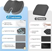 Vista 6 de TushGuard - Cojín para asiento de oficina, silla de ruedas o automóvil, espuma viscoelástica antideslizante, para aliviar el dolor de espalda, Negro