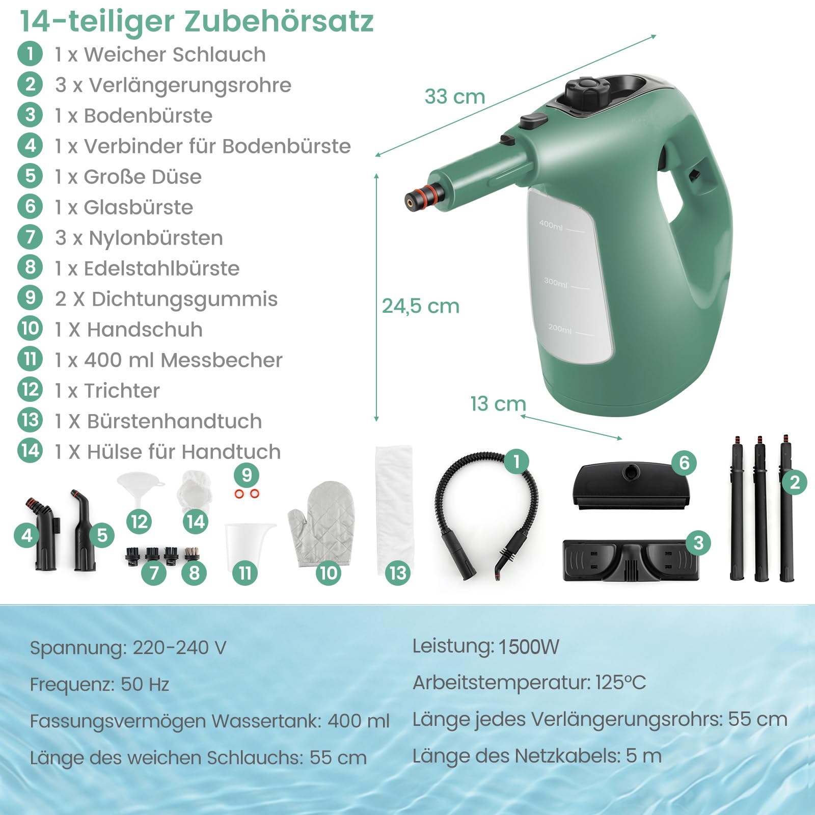 COSTWAY Myjka parowa 1500 W, zbiornik: 400 ml, temperatura: do 125℃, czas nagrzewania: 1 min, ciśnienie pary: 2 bar, urządzenie ręczne z 14 akcesoriami i kablem sieciowym 5 m (zielona)