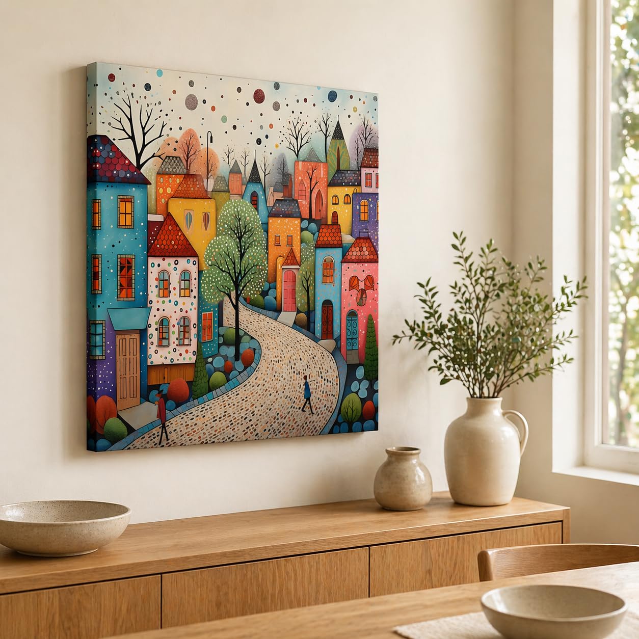 Qiukoo Framed Canvas Wall Art – Colourful Town Artwork, Waterproof Modern Print with Hook, Whimsical Wall Decoration for Living Room, Bedroom Pictures for Wall or Prints for Walls – 12x16 Inch — view 2