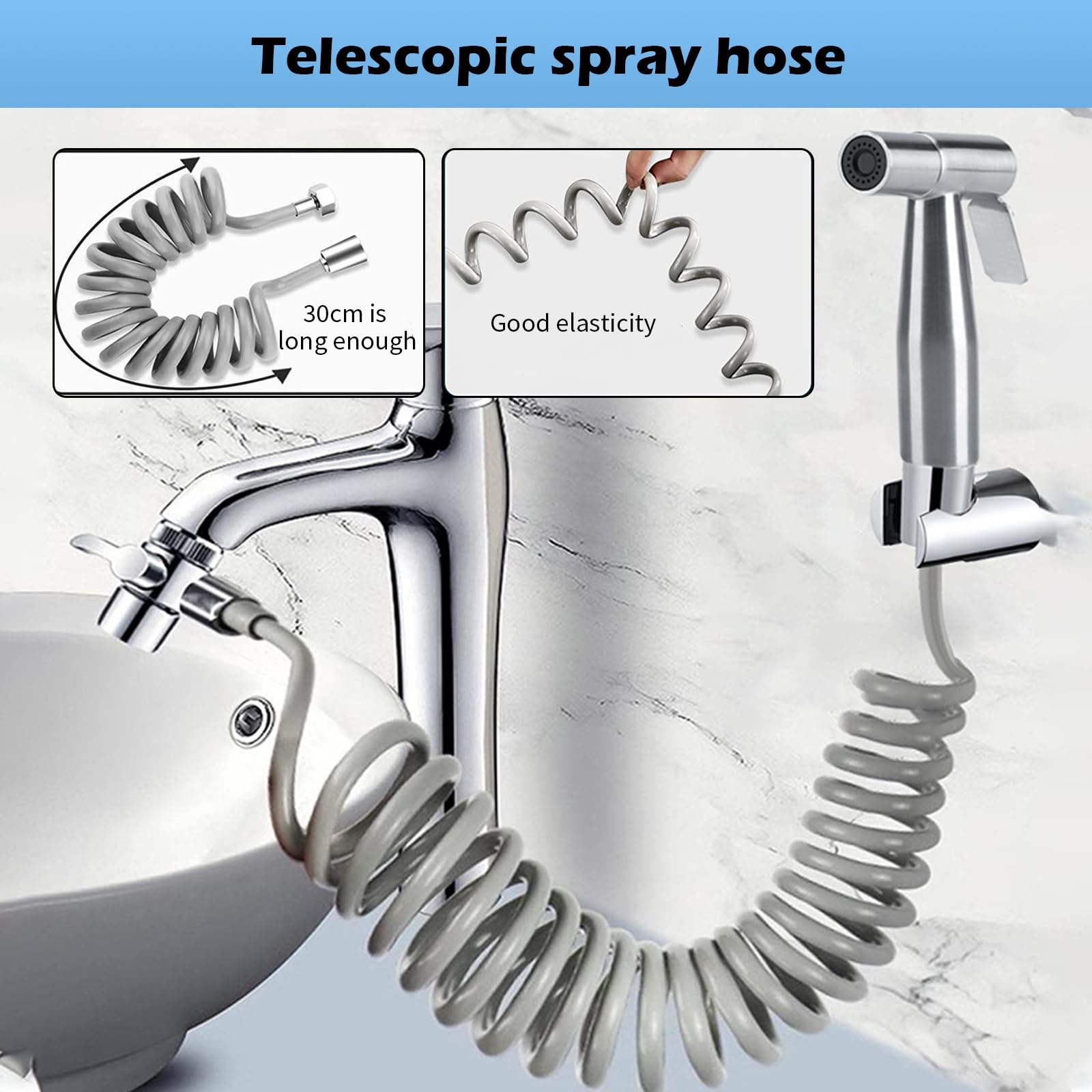 Kit de douchette pour bidet - En acier inoxydable brossé - Avec distributeur de robinet, tuyau à ressort de 59 pouces et toilettes à crochet pour hygiène personnelle et nettoyage des couches