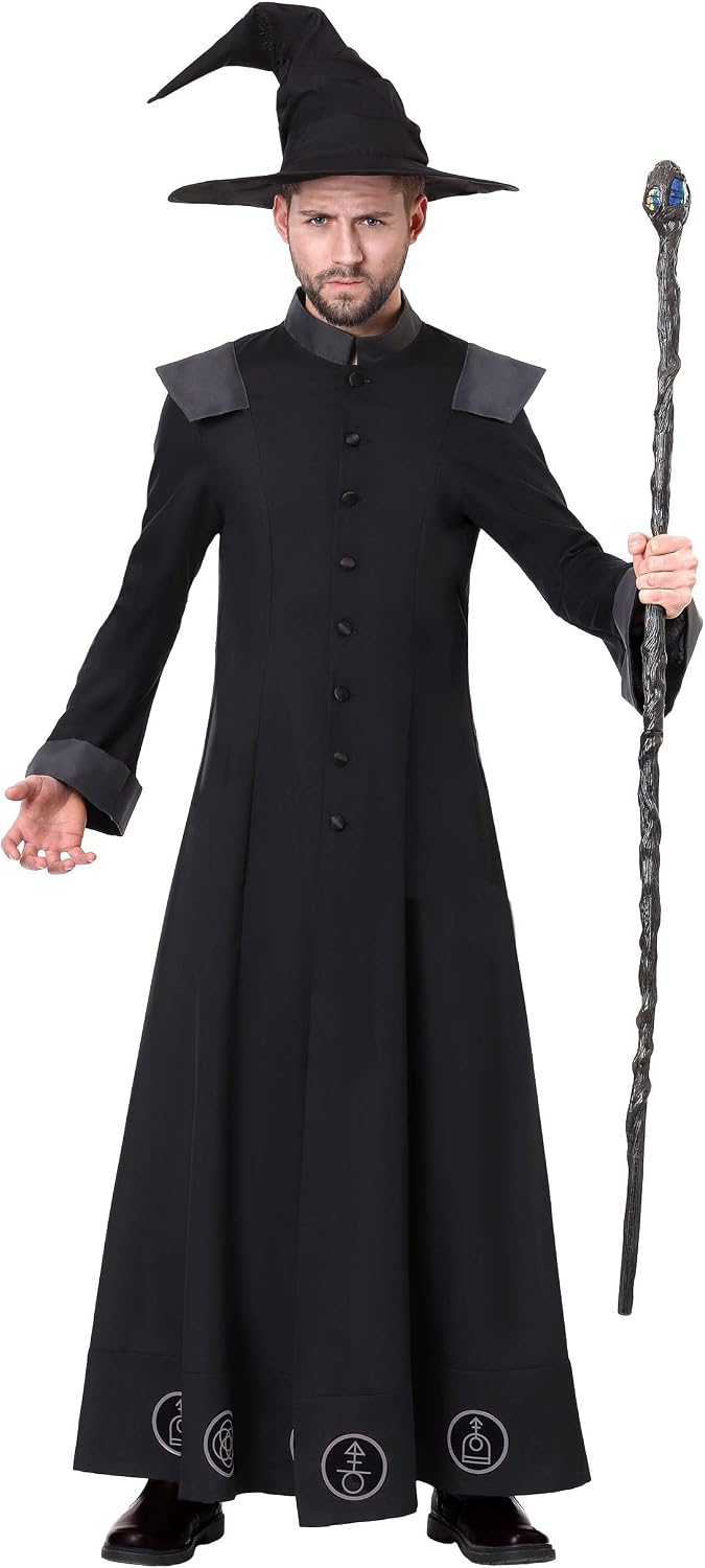 Fun Costumes Men's Warlock Costume, Mysterious Wizard Robe, Black Witchcraft Outfit for Adults, Fantasy Mage Halloween