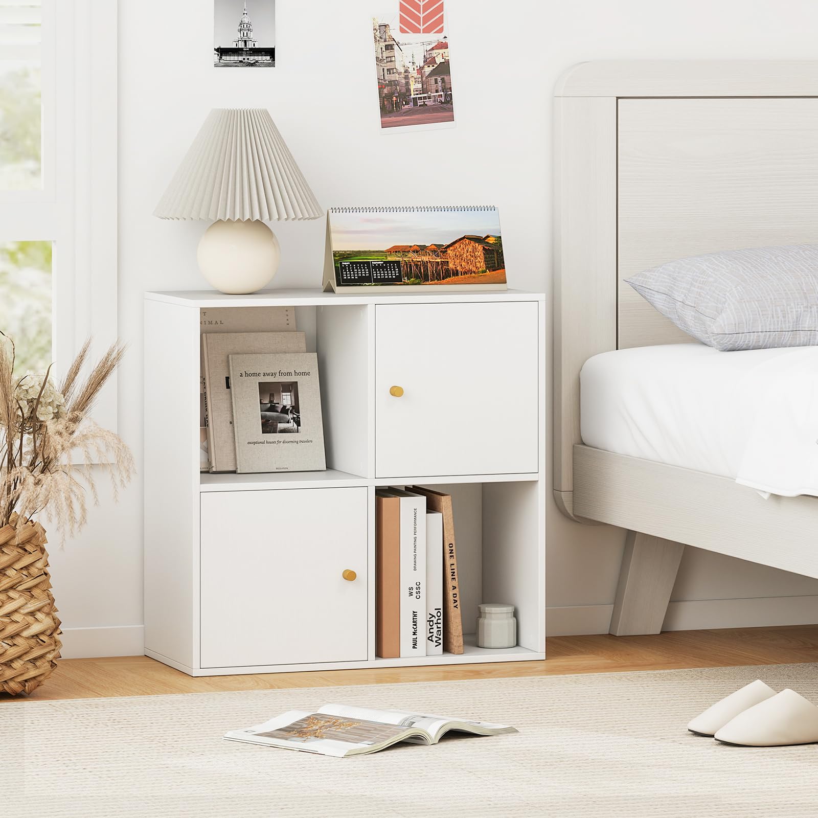 GIANTEX Estantería para Libros con 4 Cubos, Librería de Almacenaje de 2 Niveles con Puertas, Compartimentos Abiertos, Mueble Auxiliar Moderno para Salón, Estudio, Oficina, 60 x 29 x 60 cm, Blanco