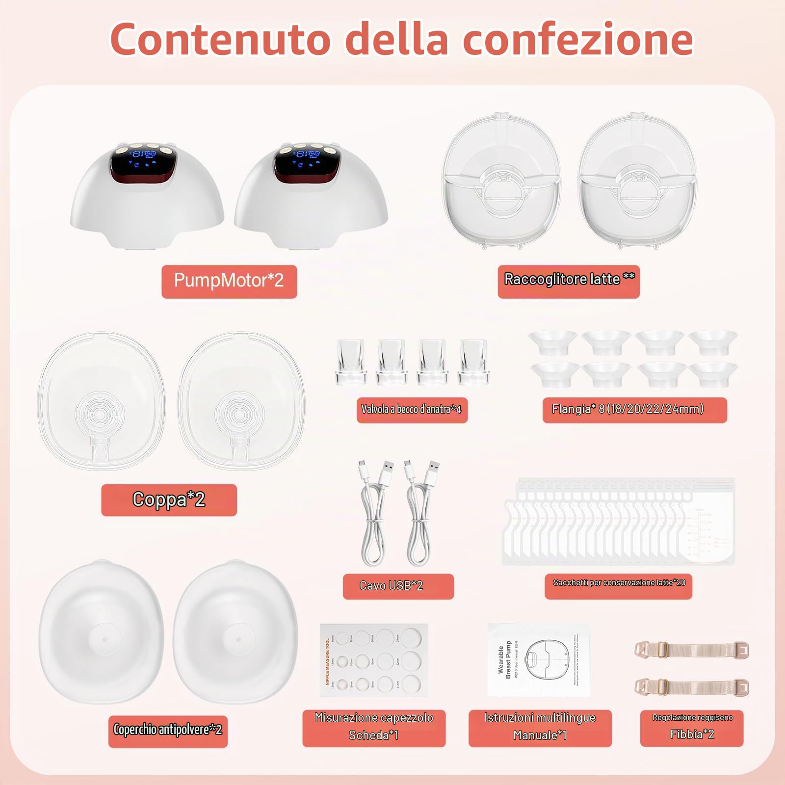 Tiralatte Elettrico Indossabile 4 Modalità e 15 Livelli Tiralatte Portatile con Display a LED, Senza BPA, Elettrico a Mani Libere con Flange da 18/20/22/24 mm (2 Pezzo)