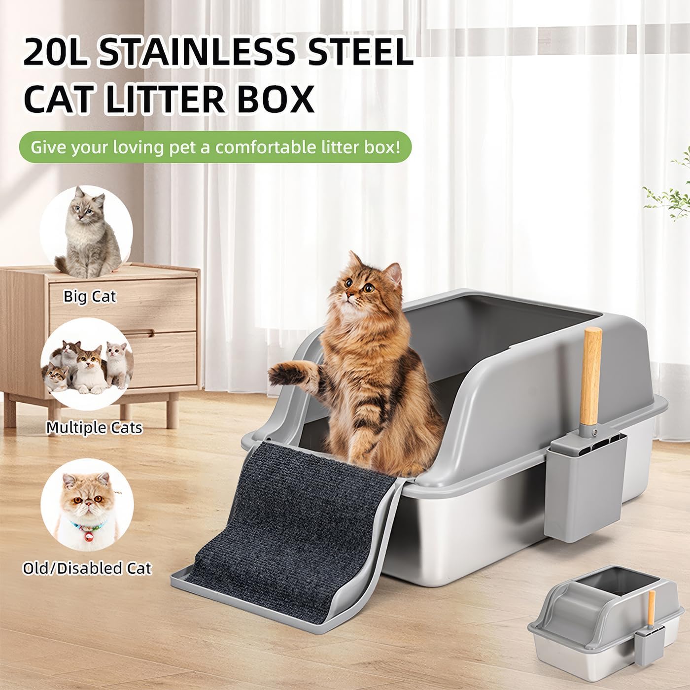 XL Large Metal Cat Litter Box Stainless Steel for Big Cats, Easy Clean High Sided Cat Litter Box with Cats Litter Mat & Scoop, Ladder & Claw Grinding Board, Non Stick, No Smell