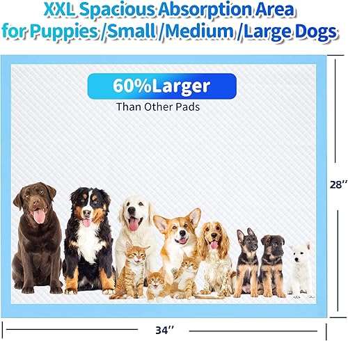 Miniatura 6 de Almohadillas para orina de perro de 6 capas superabsorbentes y a prueba de fugas, XXL de 28 x 34 pulgadas, polímero extra grande a prueba de fugas,