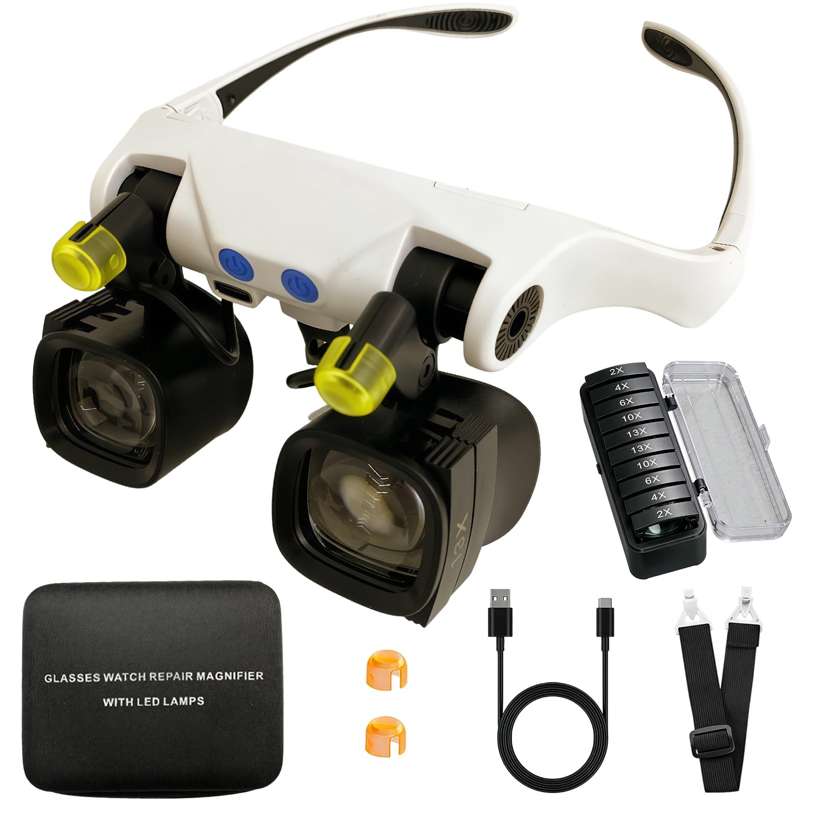 Caossuixin 2 in 1 Magnifying Glass with LED Light, Headband Magnifier with 5 Pairs Detachable Lens (2X 4X 6X 10X 13X), USB Rechargeable Hands Free Magnifying Lamp for Hobbies, Reading, Crafts, Sewing
