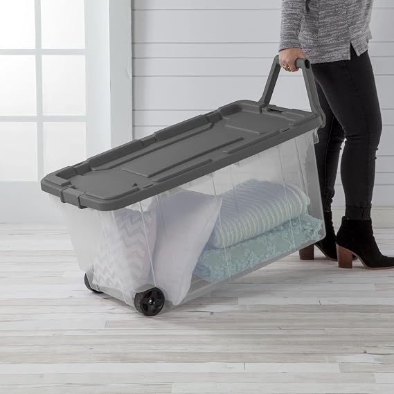 160 Quart Wheeled Stacker, Extra Large Durable Clear Bin, Latch Lid and Pull Handle, Gray, 2 Count