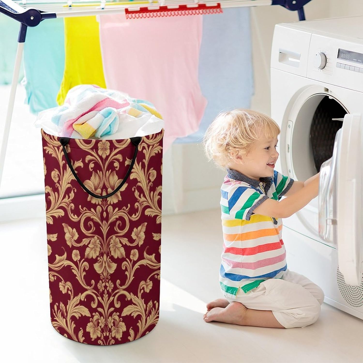 Men's Laundry Basket Freestanding Hamper Fashion Tall Clothes Hamper Flower Maroon Gold Floral Classy Burgundy Antique