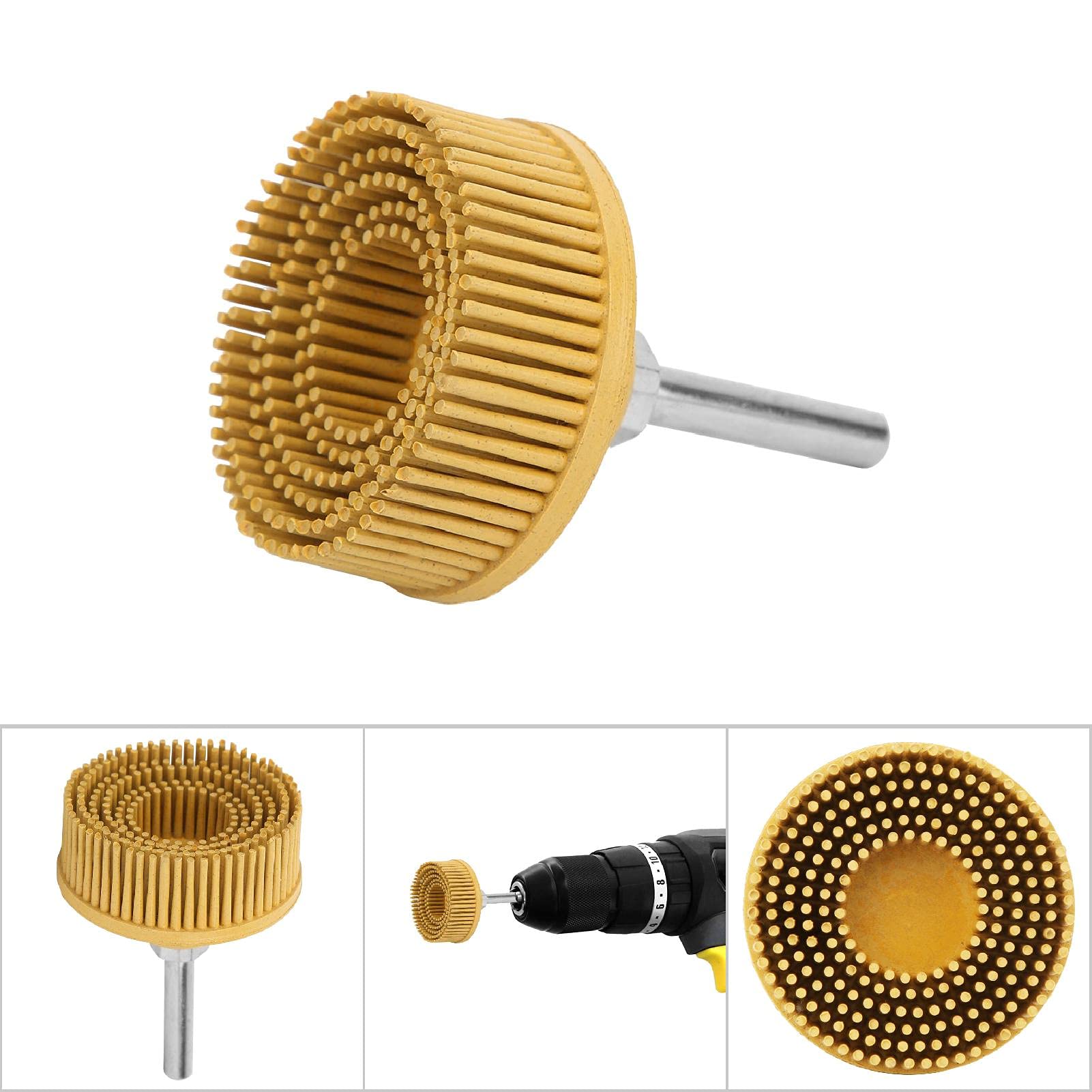 2 Inch Bristle Disc Emery Rubber Abrasive Brush Polishing Abrasive Coating Removal Disc with Grinding Wheel 1/4 Inch Shank Attachment for Burr Removal (Yellow)