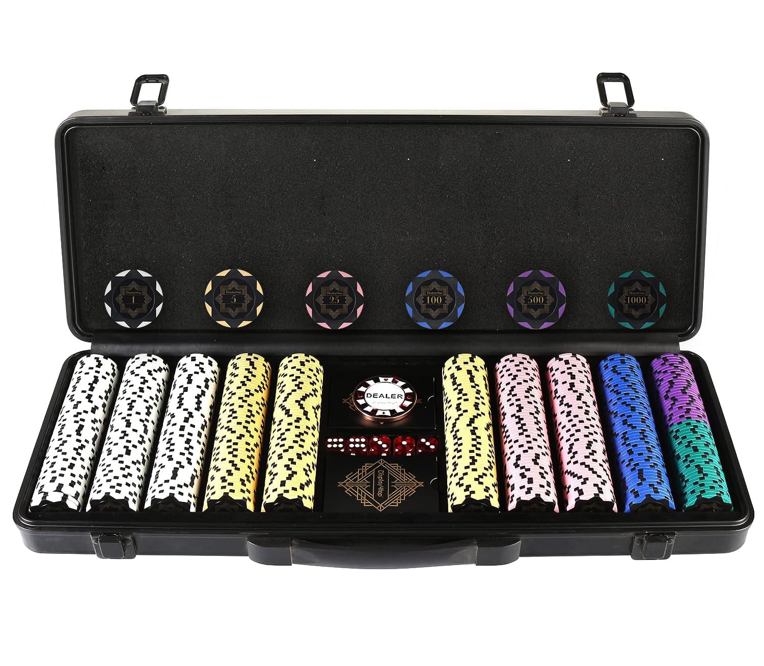 display4top Clay Poker Chips Set for Texas Holdem,Poker Chips with Denominations,Features a high-end Carrying case with Leather Interior Design and German Polycarbonate Shell (500pcs-17.4g)