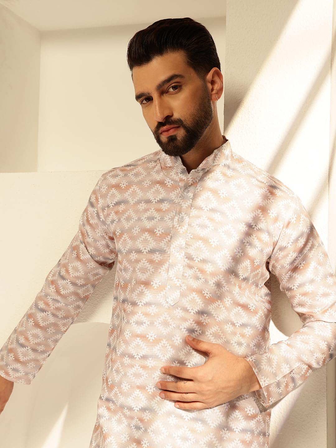 Sojanya (Since 1958 Men's Cotton Linen Self Design Beige Long Kurta