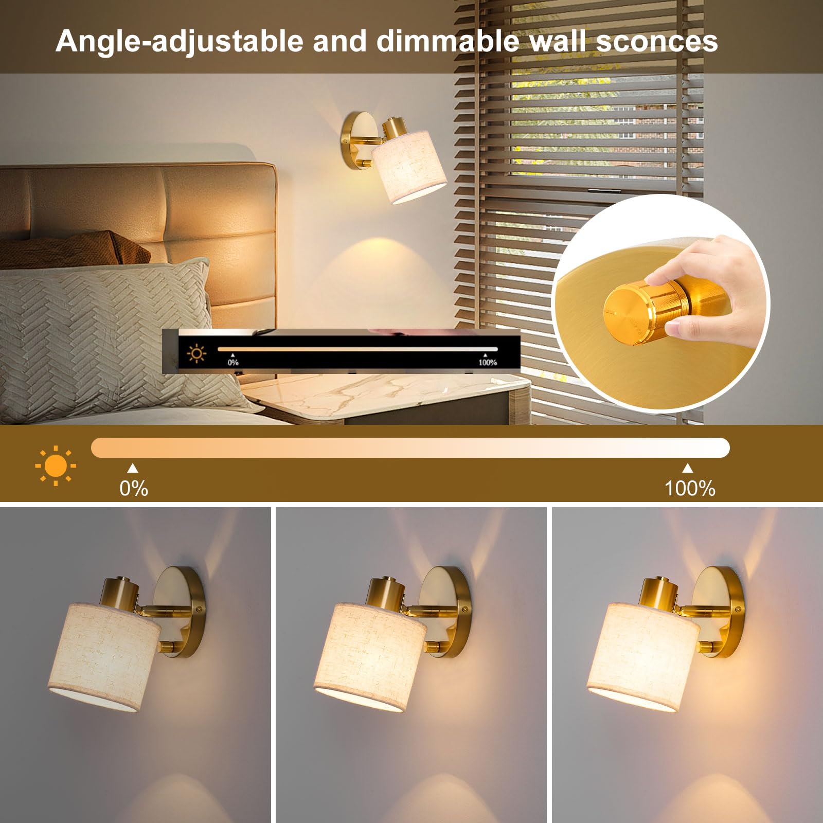 Lightess Applique Murale Intérieure Dimmable avec Interrupteur, Lampe Murale Dorée avec Abat-jour en Lin Beige, Applique Murale de Chevet Pivotante E27 pour Chambre Salon