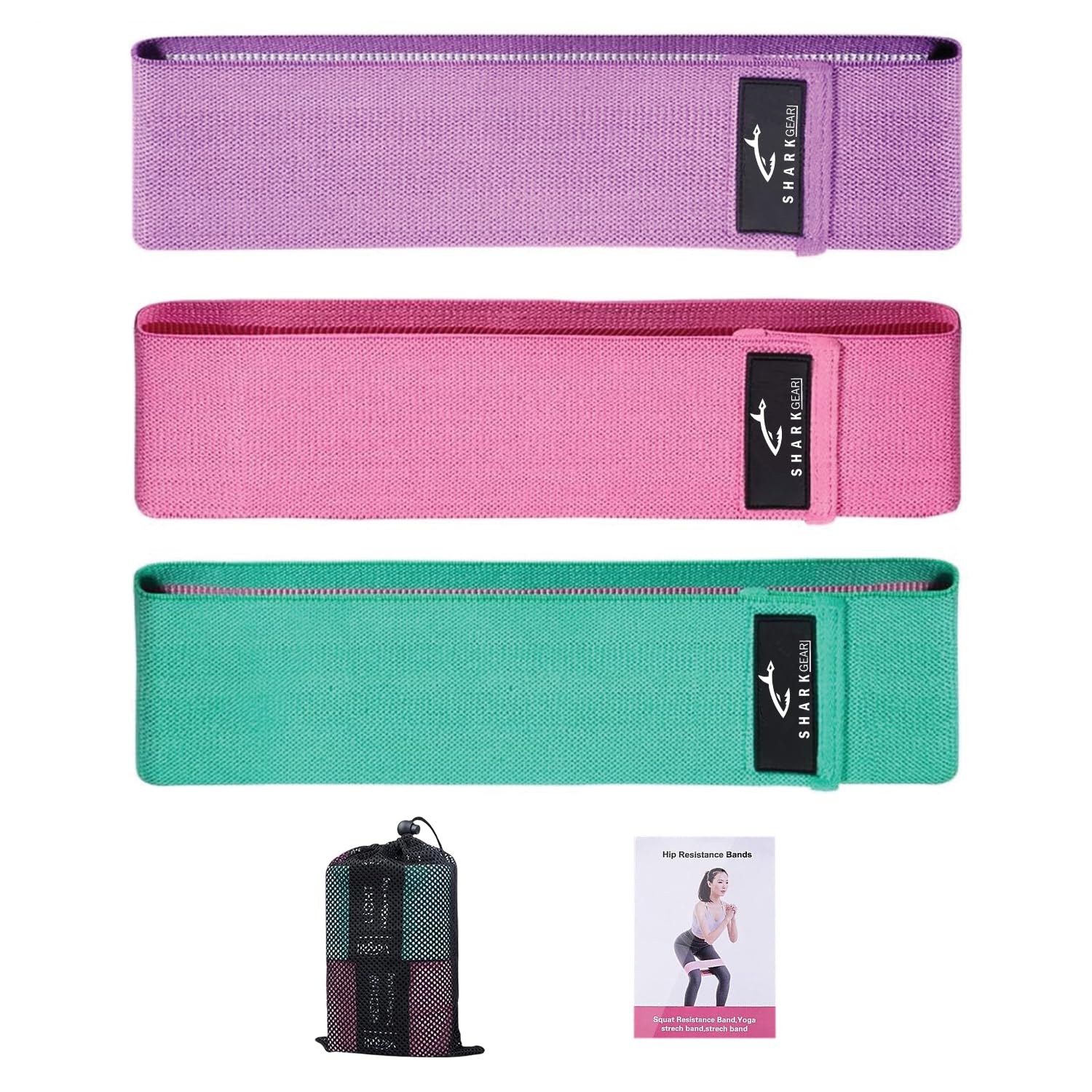 SharkGearResistance Bands 3 Sets, Premium Exercise Bands with Non-Slip Design for Hips & Glutes, 3 Resistance Level Workout Booty Bands for Women Men, Home Training, Fitness, Yoga
