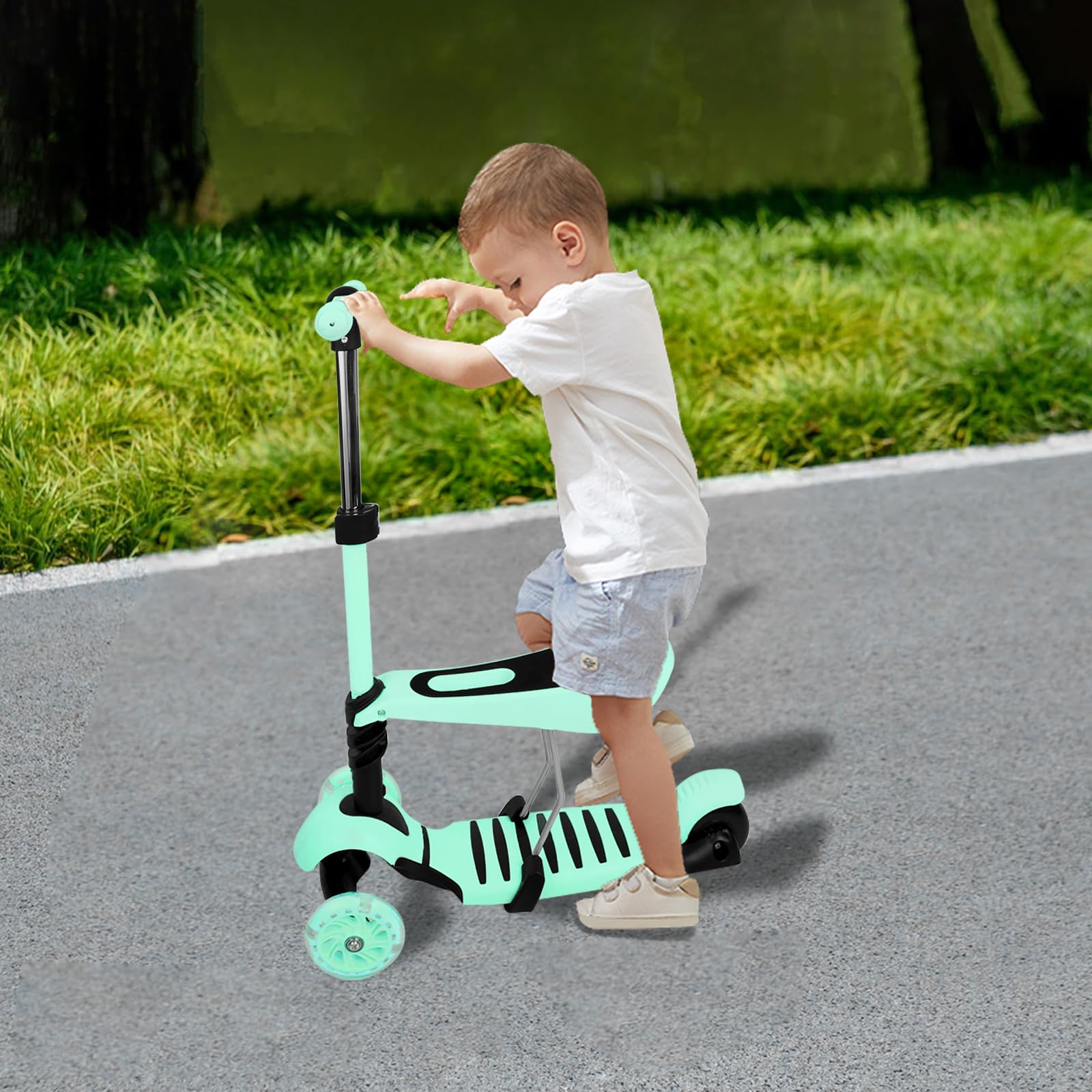 Patinete Scooter para niños con asiento extraíble, altura ajustable 2-8 años, rueda flash de PU, + caña telescópica