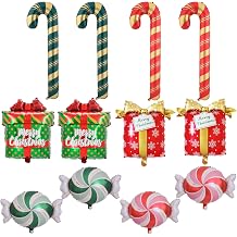 12 PCS Christmas Balloons Candycane Balloon Candy Cane Gift Box Xmas Mylar Foil Balloons for Birthday New Year Theme Party Decorations Supplies