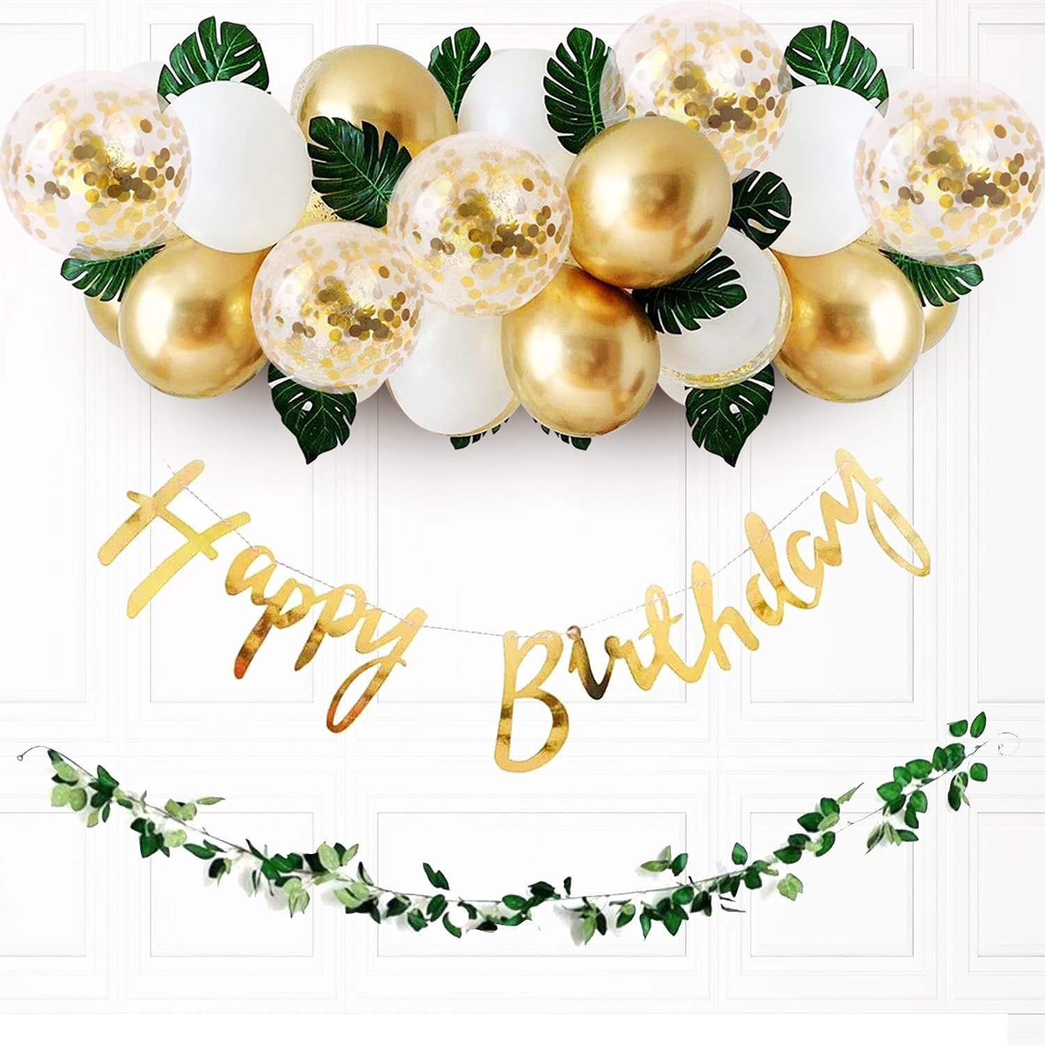 Party Propz Golden Happy Birthday Decoration Combo -36Pcs Happy Birthday Combo Kit For Kids With Golden Paper Banner, Artificial Leaves, Balloons & Confetti
