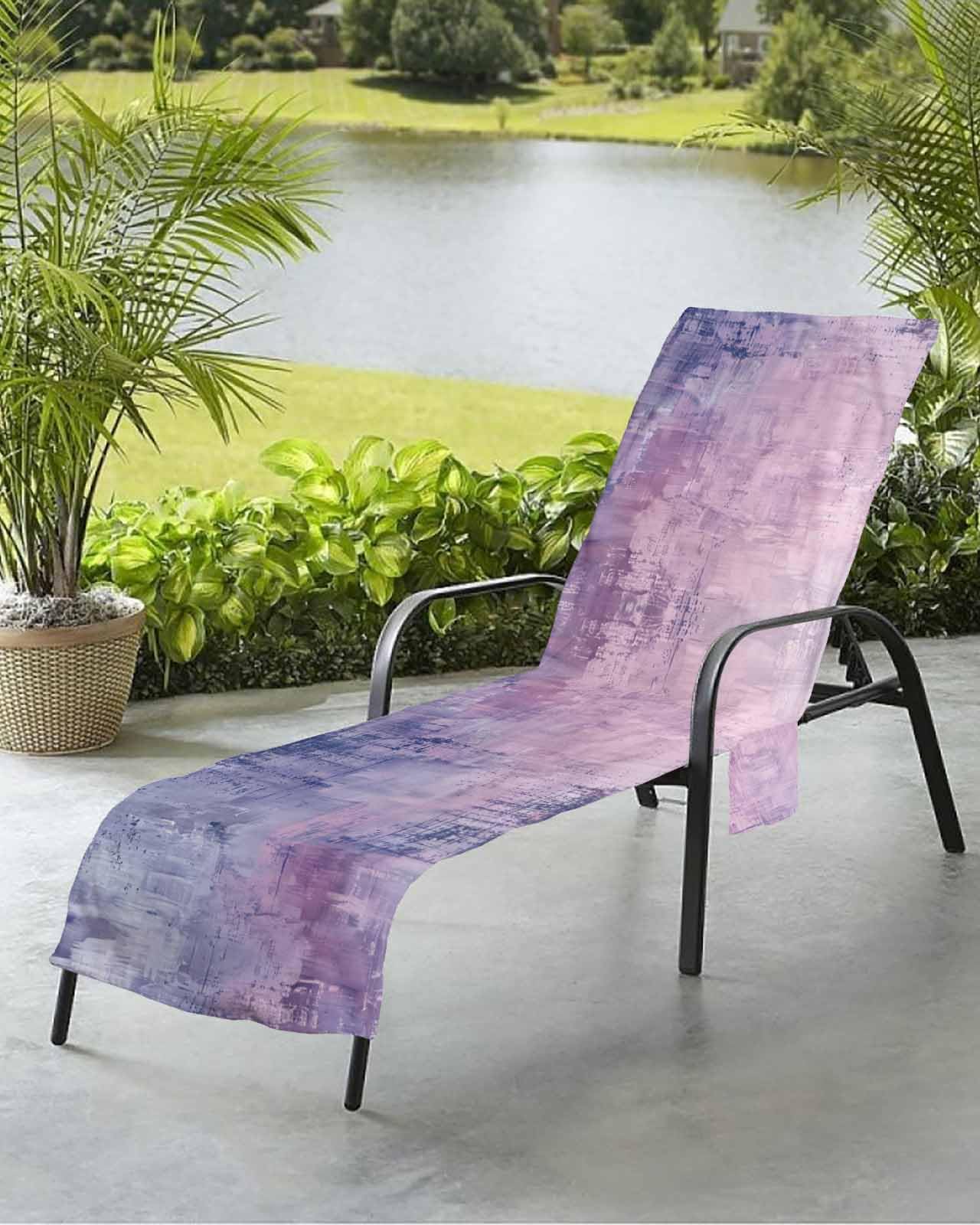 Purple Blue Beach Chair Towel Covers for Chaise Lounge with Side Pocket, Soft Plush Pool Towels Cover for Patio Sunbathing Outdoor 29''x85'' Contemporary Painting Abstract Smear Art
