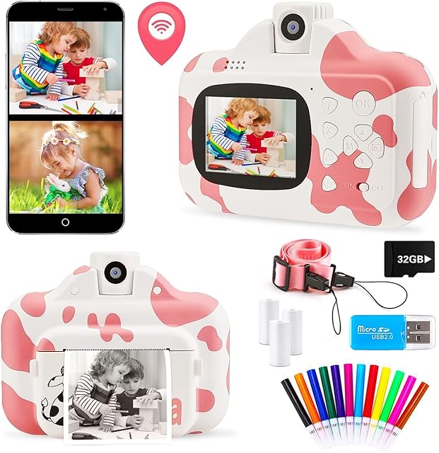 Instant Print Camera for Kids WiFi Zero Ink 32GB 1080p Video Digital 12MP Selfie Camera for Girls Digital Camera with Dual Camera Lens for Kids olor Pens Print Papers Lanyard (Pink)