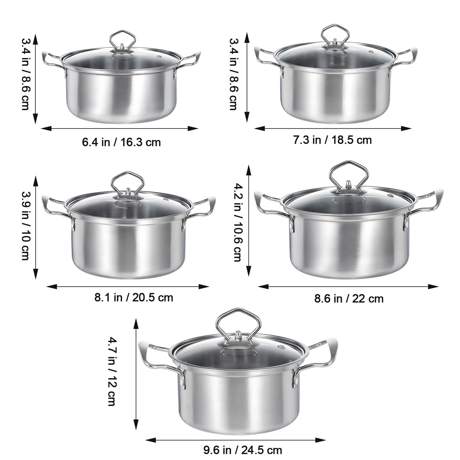 Toyvian Set di Pentole Stockpots 5 Set in Acciaio Inox Argento | Coperchi in Vetro, Doppie Maniglie, Uso Versatile, Struttura Durevole, Kit Completo da Cucina