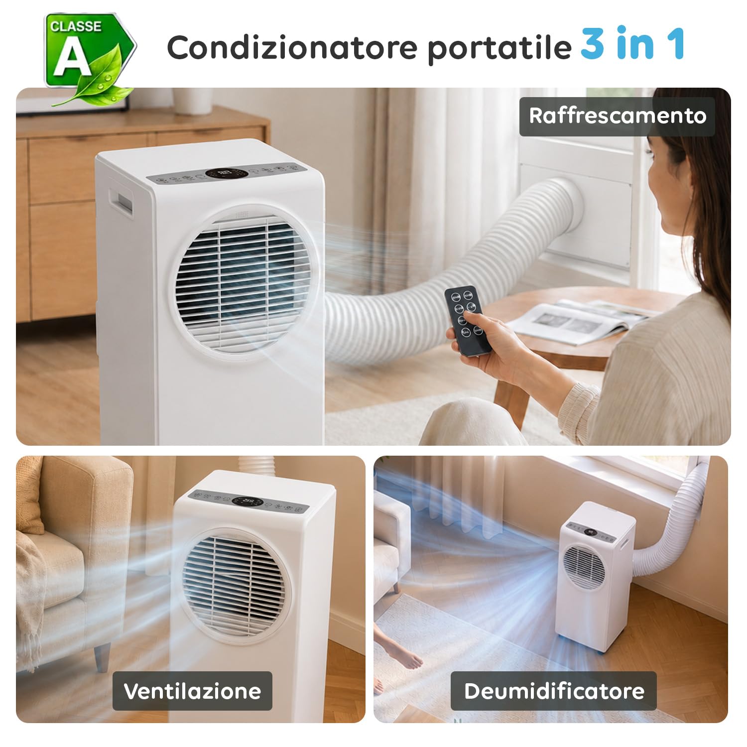 Wintem - Climatizzatore Condizionatore Deumificatore Portatile 9000 BTU 3 in 1 in ABS Ventilatore con Telecomando (Classe A R290), 990W + Timer