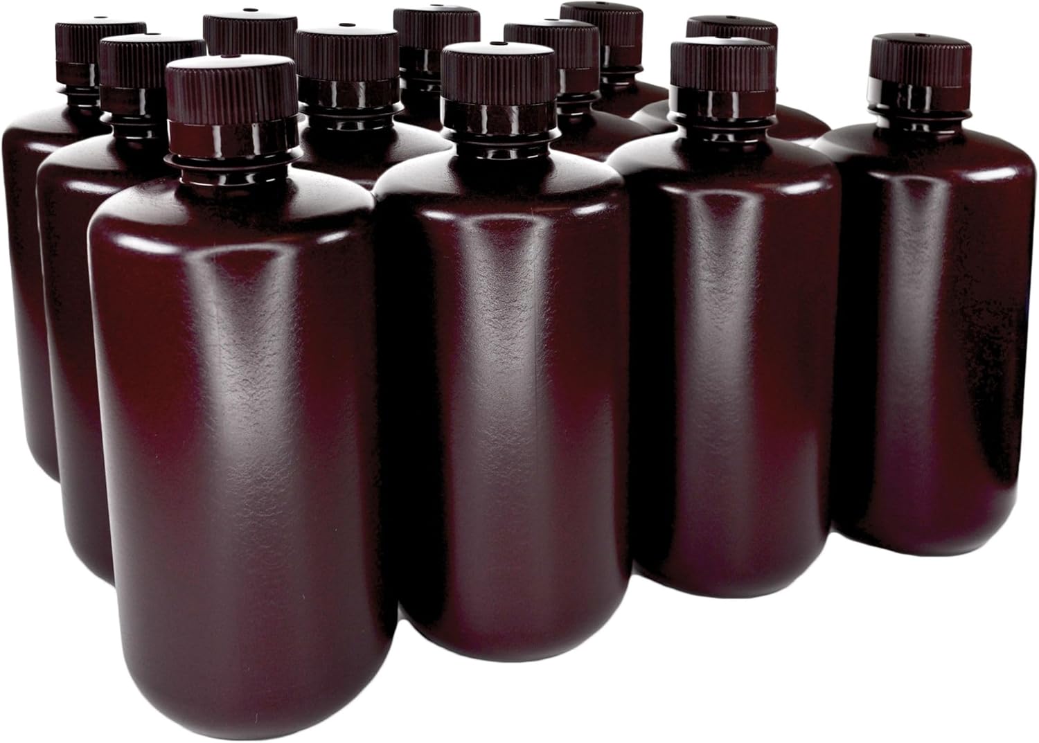EISCO - Pack of 12 1000mL Narrow Mouth Amber HDPE Reagent Bottles with Polypropylene Caps, Non-Sterile, Light-Sensitive Storage, -100 to 120°C, Leak-Proof Tested, Lab Sample Containers