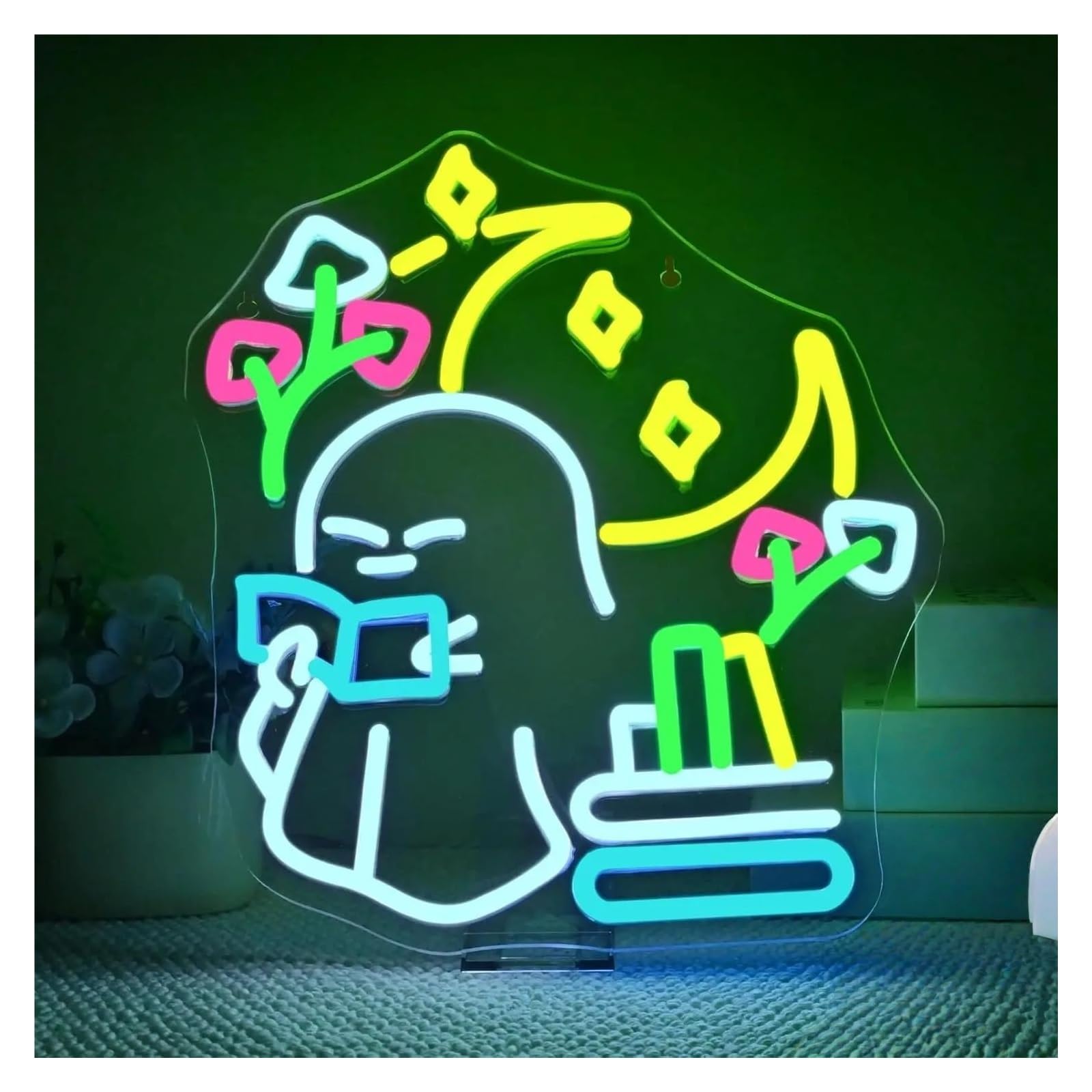XENITE Luces Art Decoration Christmas Letrero De Neón Con Diseño De Fantasma Leyendo Libros Luz De Neón Regulable Para Sala De Estudio Dormitorio Infantil Biblioteca Decoración 42.9cmx35.2cm