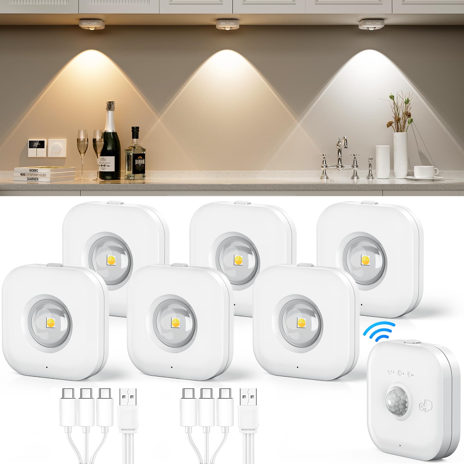 Coovee 6pcs Illuminazione per LED Armadio a Con Sensore di Movimento, Luce Aarmadio Sottopensile, 3 Temperature di Colore Dimmerabili, Senza Fili USB, Ricaricabile con Telecomando, per Vetrine Cucina