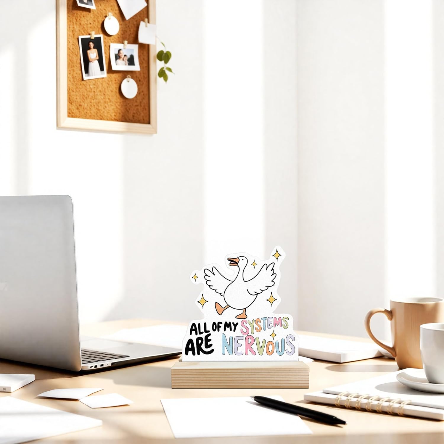 CTYNU Funny Goose Desk Decor Sign, All Of My Systems Are Nervous Goose Shaped Wood Sign Plaque with Wooden Stand for Home Office Desk Decor,Funny Mental Health Office Gifts for Women Men - Image 2