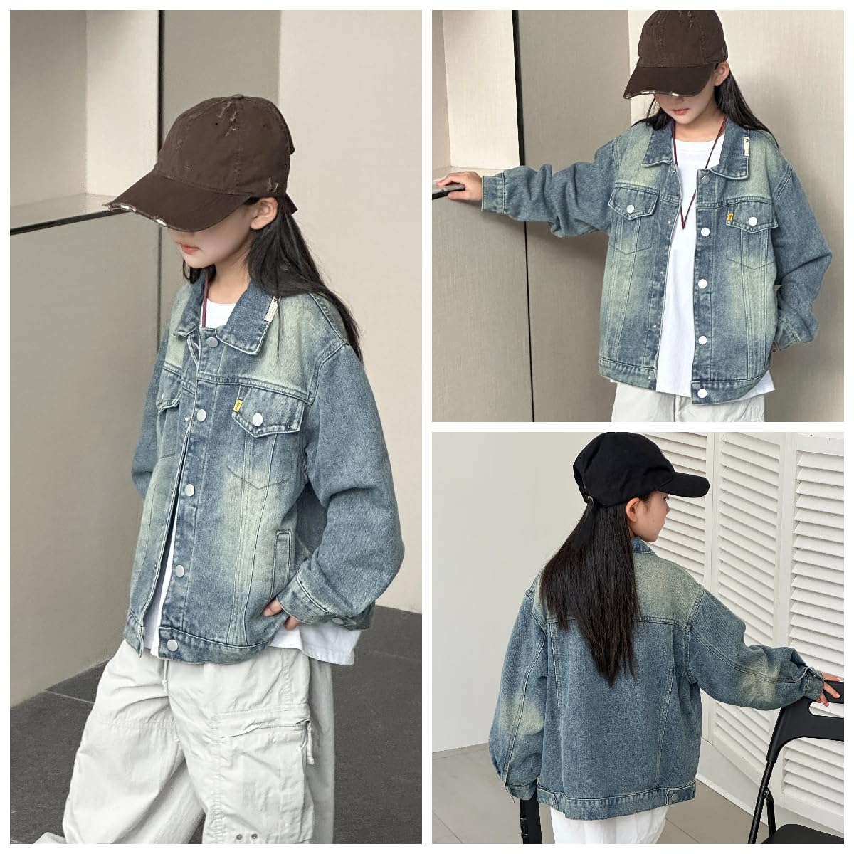 Rolanko Veste en Jean pour Garçons, Denim Blousons de Délavé à Boutons Manteau en Jean pour Enfants